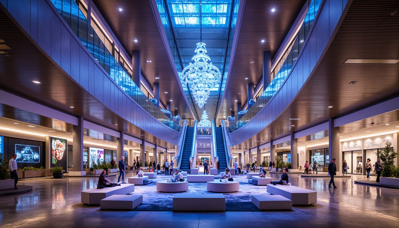 Prompt: Futuristic shopping mall, neon-lit corridors, sleek metallic surfaces, holographic advertisements, levitating furniture, curved glass railings, minimalist decor, futuristic seating areas, avant-garde chandeliers, iridescent color schemes, geometric patterns, ambient lighting, shallow depth of field, 1/1 composition, panoramic view, realistic reflections, ambient occlusion, spacious walkways, towering ceilings, escalators with LED lights, innovative materials, sustainable designs, eco-friendly textures.