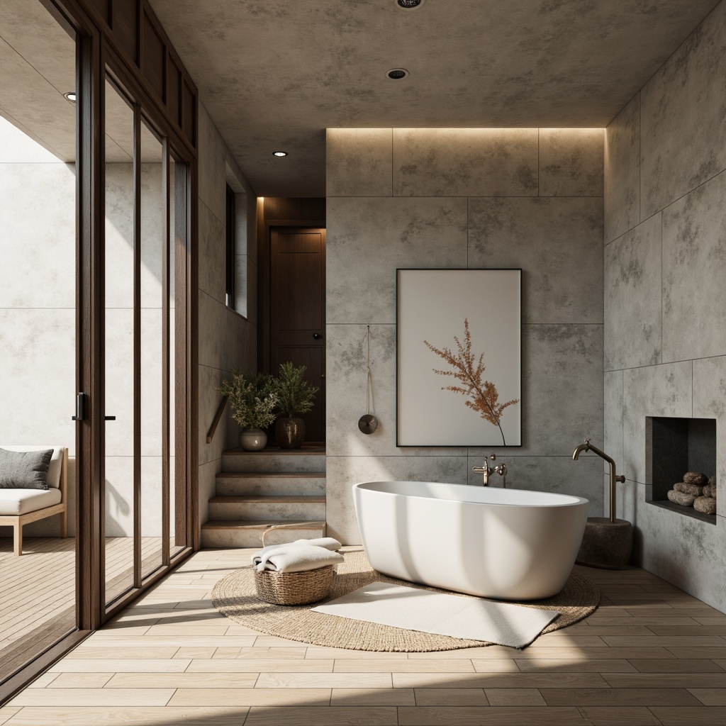 Prompt: Monochromatic interior space, neutral color palette, natural materials, wooden floors, stone walls, concrete accents, sleek metal fixtures, minimalist decor, subtle texture contrasts, soft warm lighting, shallow depth of field, 1/1 composition, realistic reflections, ambient occlusion.