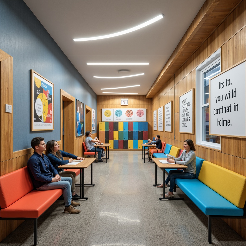 Prompt: Vibrant school hallway, sturdy wooden benches, colorful lockers, collaborative learning spaces, ergonomic student chairs, adjustable desks, inspirational quotes, motivational posters, natural wood accents, bright overhead lighting, soft carpeting, acoustic panels, minimal noise levels, 3/4 composition, shallow depth of field, realistic textures, ambient occlusion.