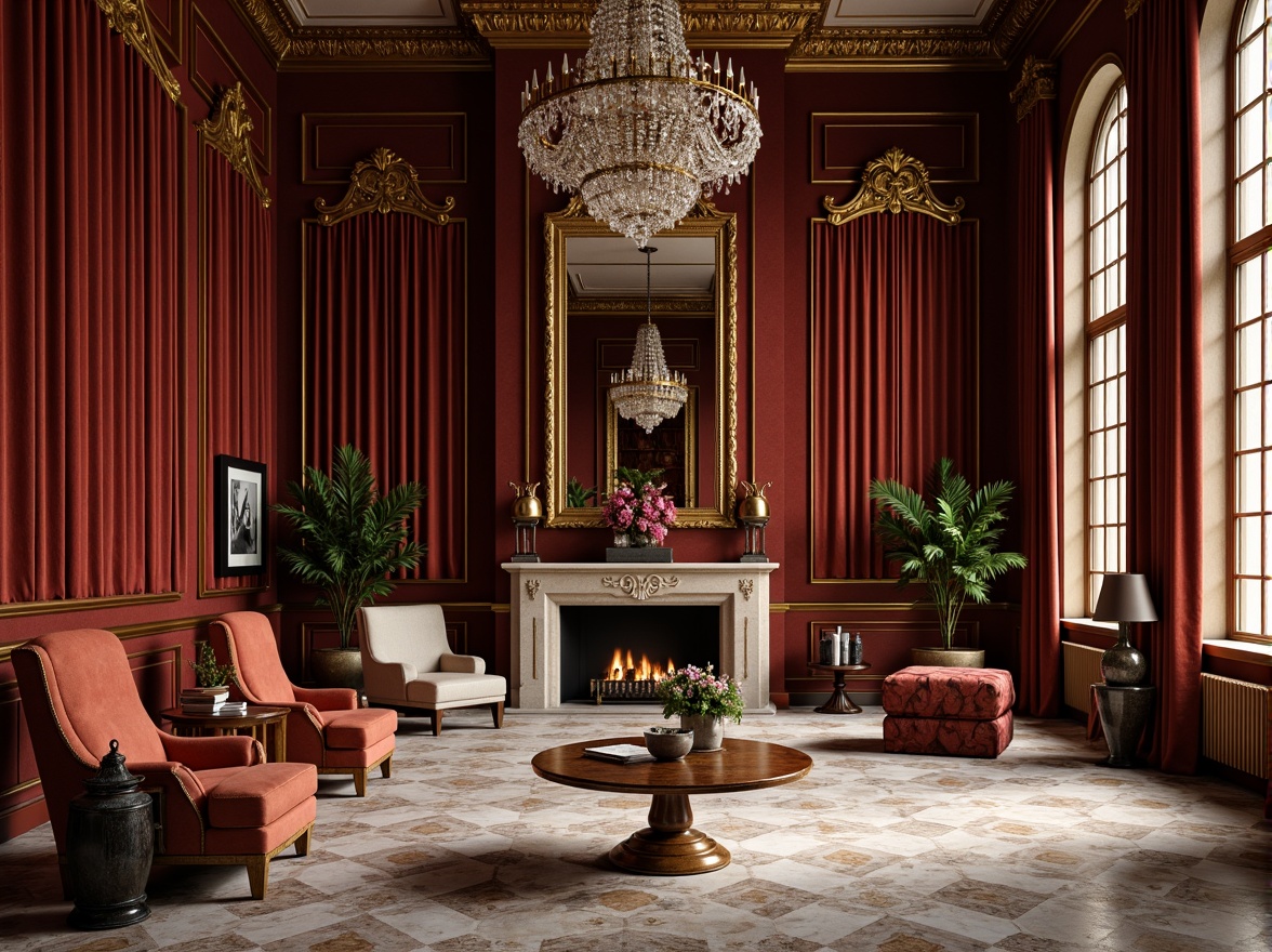 Prompt: Luxurious velvet fabrics, intricately carved wooden panels, ornate gilded frames, richly patterned marble floors, opulent crystal chandeliers, dramatic drapery, lavish furnishings, regal color palette, soft golden lighting, subtle shadows, 3/4 composition, atmospheric perspective, realistic textures, ambient occlusion.