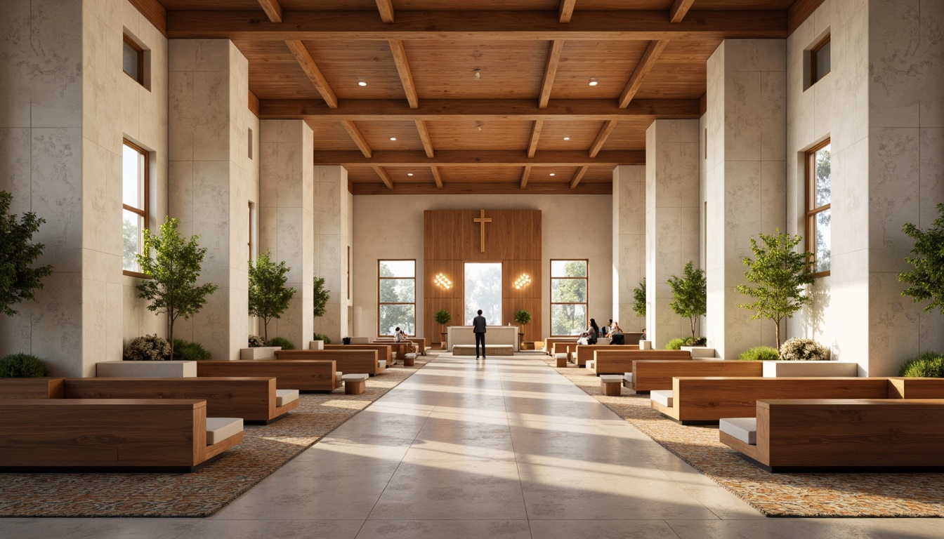 Prompt: Modern church interior, sleek wooden pews, minimalist altar, subtle cross accents, warm beige tones, polished concrete floors, industrial chic lighting fixtures, geometric patterned rugs, comfortable cushioned chairs, curved wooden benches, natural stone walls, floor-to-ceiling windows, abundant natural light, airy open spaces, gentle warm ambiance, soft focused lighting, 1/2 composition, realistic textures, ambient occlusion.