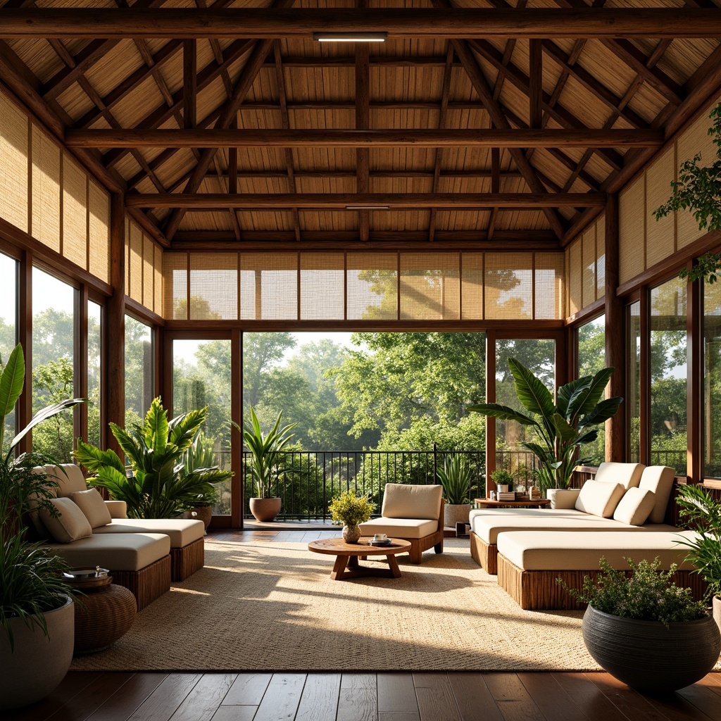 Prompt: Tropical interior, high ceiling, wooden beams, natural ventilation, large windows, sliding glass doors, woven bamboo shades, rattan furniture, lush greenery, potted plants, vibrant flowers, exotic wood accents, rustic textures, earthy color palette, warm lighting, soft breezes, 1/1 composition, realistic render, ambient occlusion.