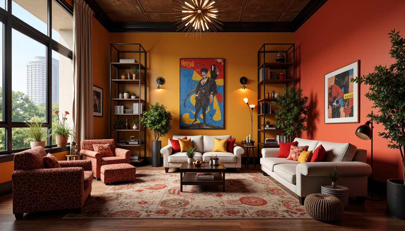 Prompt: Vibrant postmodern living room, bold color palette, eclectic mix of furniture styles, curved lines, ornate patterns, luxurious fabrics, rich textures, statement lighting fixtures, sculptural coffee tables, oversized sofas, chunky armchairs, metallic accents, industrial-chic shelving units, decorative screens, geometric-shaped rugs, abstract artwork, playful accessories, whimsical decor, retro-futuristic vibe, atmospheric warm glow, shallow depth of field, 2/3 composition, cinematic lighting.