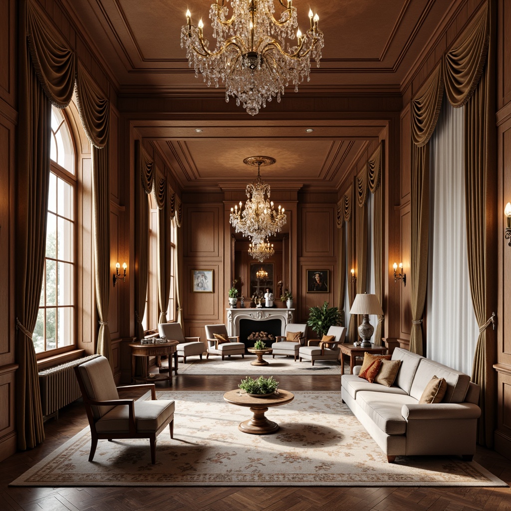 Prompt: Elegant classic interior, ornate furnishings, rich wood tones, velvet drapes, crystal chandeliers, intricate moldings, symmetrical compositions, neutral color palette, subtle textures, luxurious fabrics, refined accessories, stately proportions, imposing columns, archways, decorative ceiling treatments, soft warm lighting, 1/1 composition, realistic reflections, ambient occlusion.