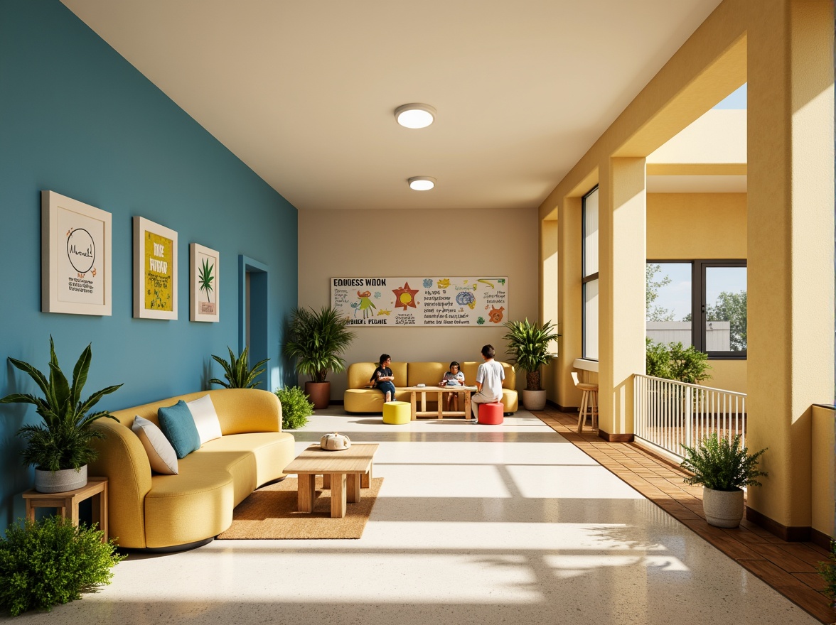 Prompt: Vibrant elementary school interior, warm beige walls, soft blue accents, calming greenery, natural wood tones, playful yellow highlights, rounded furniture edges, cozy reading nooks, educational wall art, inspirational quotes, modern minimalist lighting, subtle texture contrasts, calm atmosphere, soft diffused lighting, 1/2 composition, realistic material rendering.