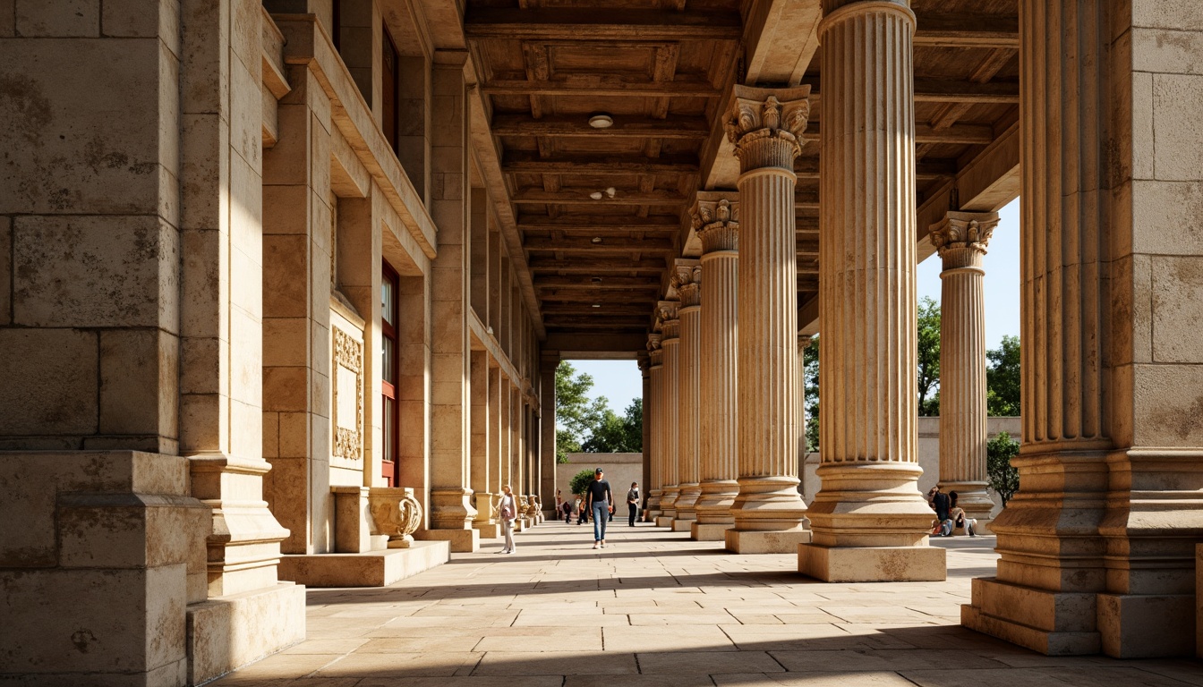 Prompt: Ornate columns, intricate carvings, classical Greek influences, fluted shafts, ornamental capitals, grand monumental scale, rustic stone materials, earthy tone color palette, symmetrical composition, warm natural lighting, dramatic shadows, 3/4 perspective view, realistic textures, ambient occlusion.