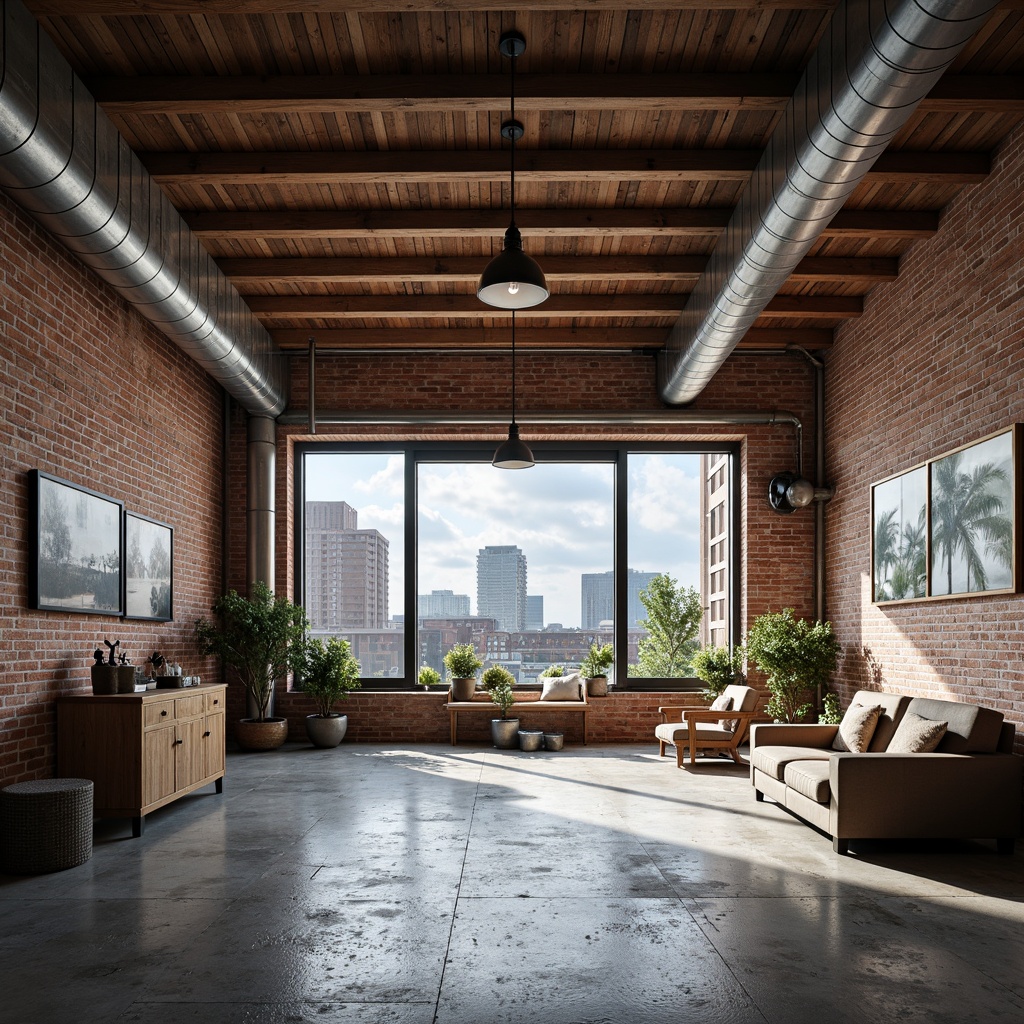 Prompt: Exposed brick walls, metal beams, industrial-style lighting fixtures, reclaimed wood accents, distressed concrete floors, minimalist decor, functional pipes, Edison bulb pendant lights, urban loft atmosphere, neutral color palette, natural textures, metallic tones, rugged aesthetic, open space layout, modern industrial chic, brutalist architecture, urban cityscape views, cloudy day, softbox lighting, shallow depth of field, 1/1 composition, realistic materials, ambient occlusion.