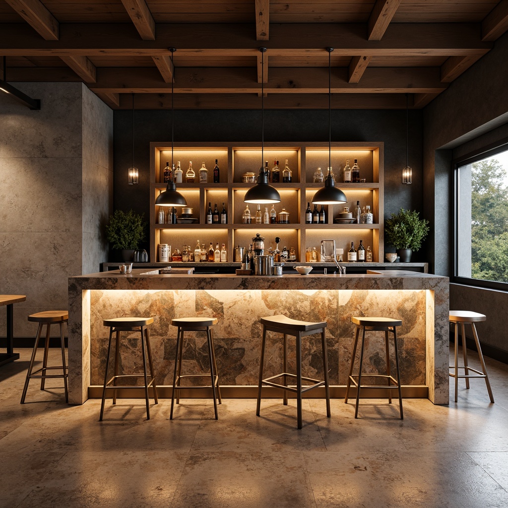 Prompt: Modern bar counter design, terrazzo material, sleek metal edges, subtle LED lighting, minimalist stools, polished chrome accents, geometric patterns, earthy color palette, natural stone walls, urban loft atmosphere, warm ambient lighting, shallow depth of field, 3/4 composition, realistic textures, ambient occlusion.