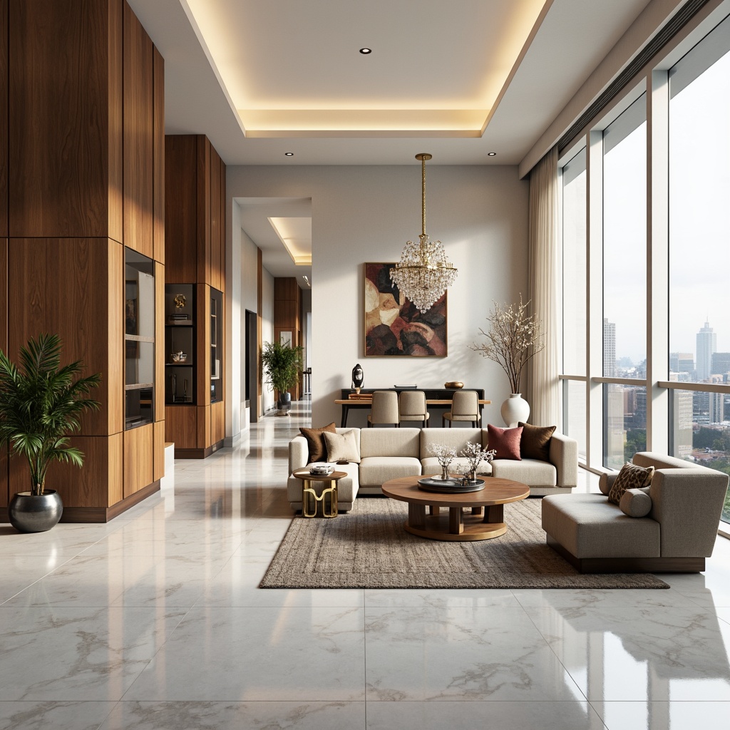 Prompt: Luxurious living room, polished marble floors, rich wood paneling, creamy white walls, sleek minimalist furniture, velvet sofas, golden metal accents, crystal chandeliers, ambient soft lighting, floor-to-ceiling windows, cityscape views, sophisticated color palette, high-gloss finishes, premium textiles, subtle patterned rugs, modern abstract artwork, ornate mirrors, refined decorative elements, inviting atmosphere, 1/2 composition, shallow depth of field, realistic reflections.