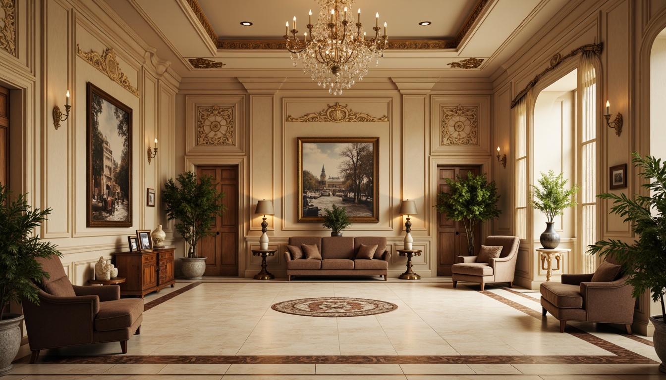 Prompt: Elegant neoclassical interior, rich wood tones, cream marble floors, ornate gold accents, soft beige walls, velvet upholstery, antique furniture pieces, intricate carvings, subtle cream moldings, refined crystal chandeliers, warm candlelight, shallow depth of field, 1/1 composition, realistic textures, ambient occlusion.