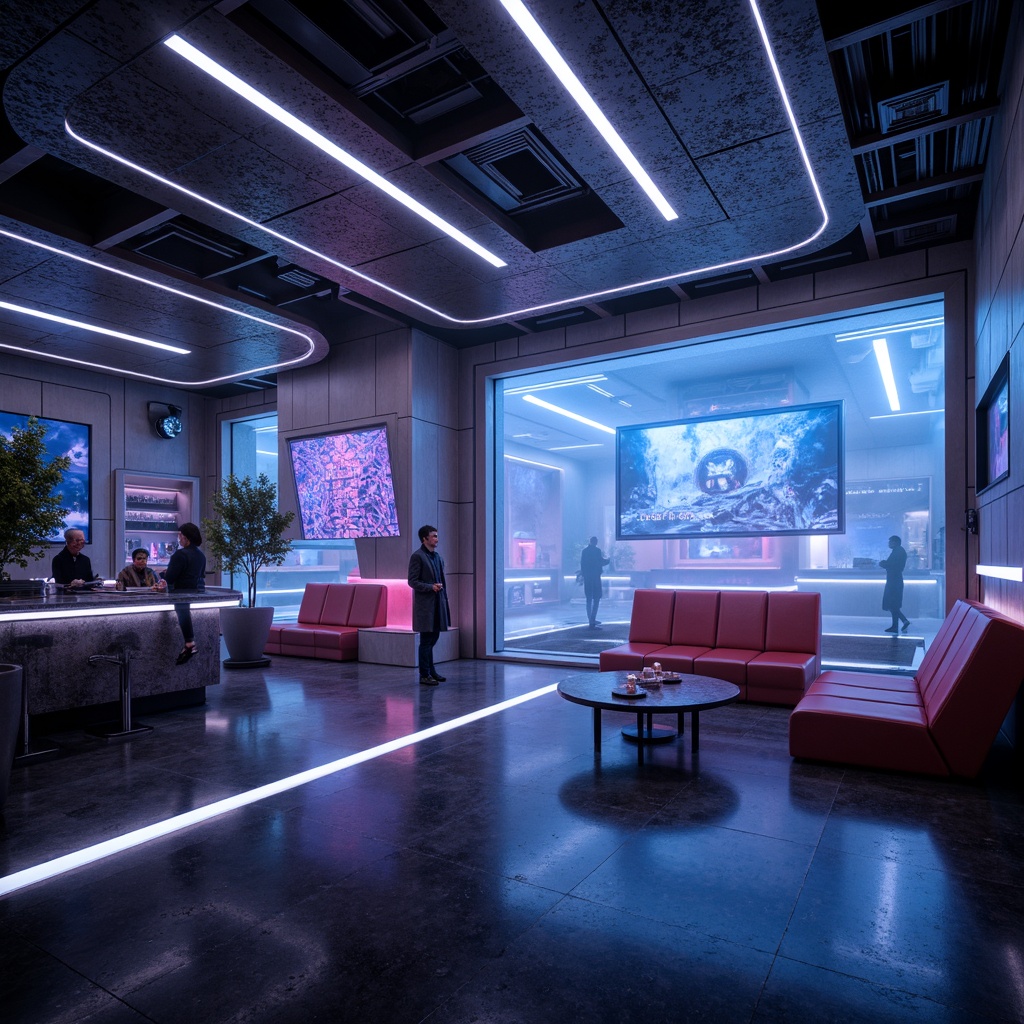 Prompt: Futuristic interior, neon-lit ambiance, glowing accents, metallic surfaces, holographic displays, atmospheric fog, dark blues and purples, LED light strips, fiber-optic installations, ambient Occlusion, shallow depth of field, 3/4 composition, panoramic view, realistic textures, soft warm lighting, cinematic mood, retro-futuristic elements, cyberpunk influences, high-tech gadgets, minimalist decor, sleek lines, avant-garde furniture.