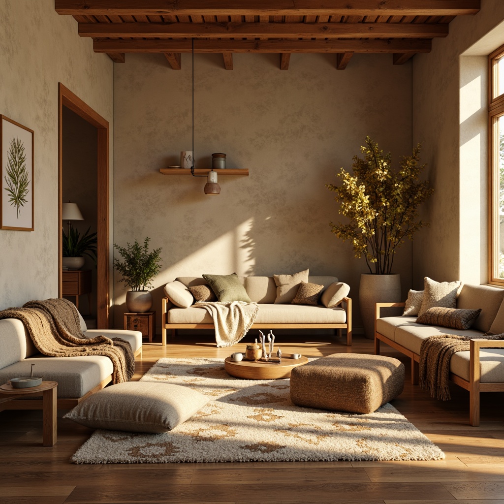 Prompt: Cozy interior space, plush throw blankets, soft velvet fabrics, natural woven fibers, earthy color palette, warm golden lighting, inviting seating areas, minimalist decor, geometric patterned rugs, chunky knit textiles, rustic wooden accents, organic shapes, cozy reading nooks, warm beige tones, comforting ambiance, shallow depth of field, 1/1 composition, realistic fabric simulations.