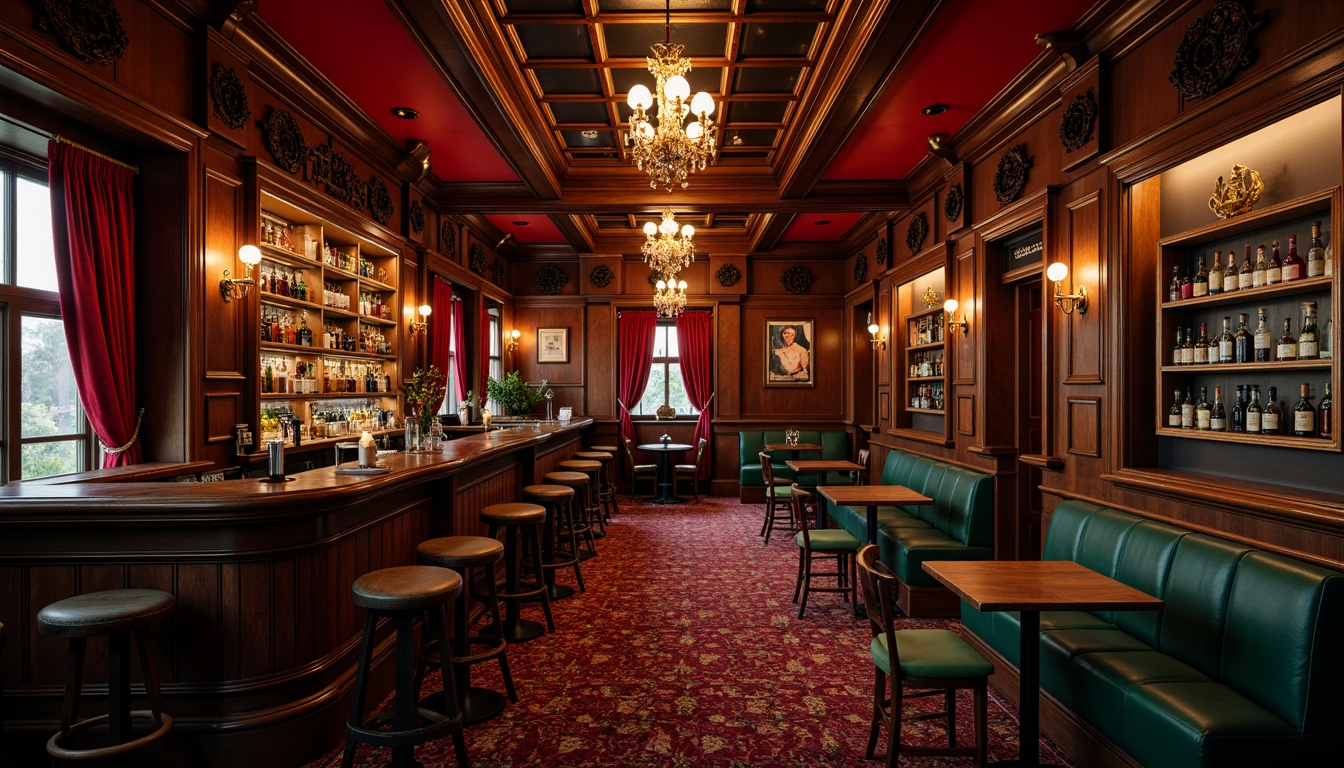 Prompt: Richly ornate bar, luxurious velvet drapes, antique wooden furniture, intricate carvings, golden accents, warm candlelight, dark wood tones, crimson red walls, emerald green upholstery, brass fixtures, vintage posters, ornate mirrors, lavish chandeliers, opulent atmosphere, sophisticated ambiance, dramatic lighting, bold color contrasts, deep jewel tones, mysterious shadows, 3/4 composition, cinematic view, realistic textures, ambient occlusion.