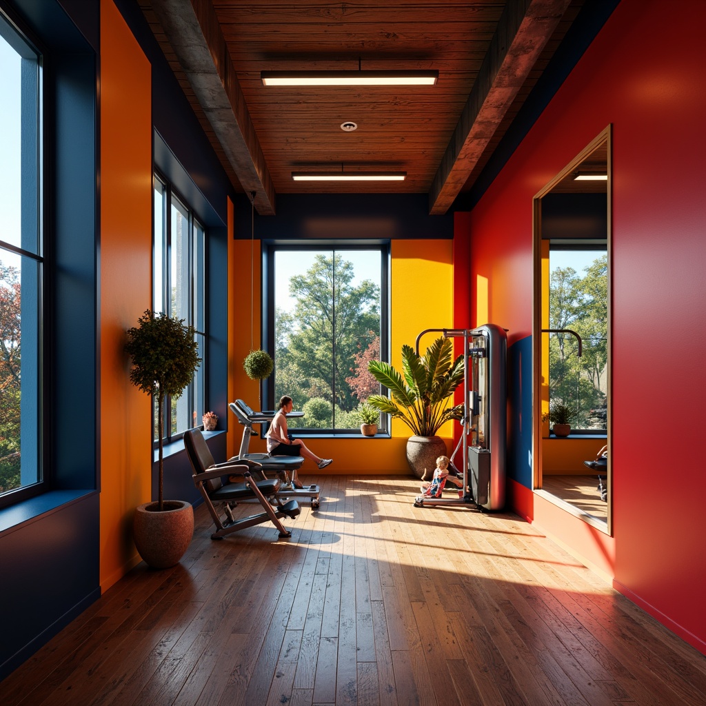 Prompt: Vibrant home gym, energetic color palette, bold red accents, calming blue undertones, motivating yellow highlights, dynamic orange tones, sleek metal equipment, modern minimalist design, large mirrors, polished wood floors, natural light pouring in, warm atmospheric lighting, shallow depth of field, 3/4 composition, realistic textures, ambient occlusion.