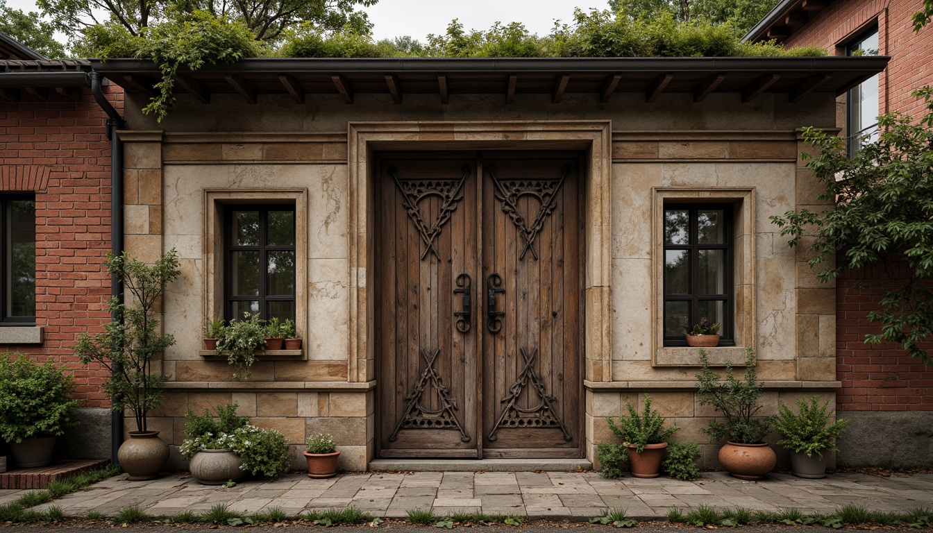 Prompt: Rustic wooden walls, distressed stone facades, ornate metal gates, vintage brick buildings, earthy tone color palette, organic natural forms, intricate stonework patterns, moss-covered roofs, overgrown vegetation, soft warm lighting, high dynamic range, 1/2 composition, shallow depth of field, realistic textures, ambient occlusion.