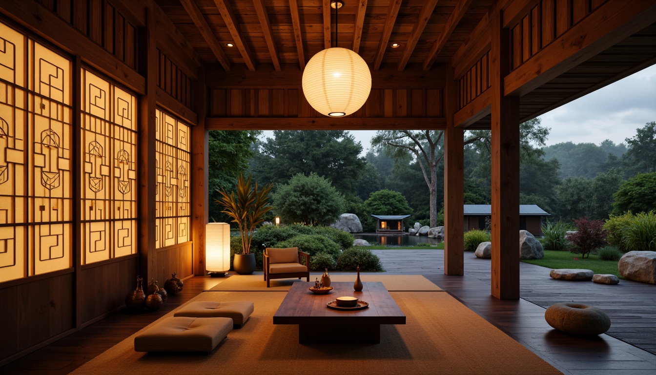 Prompt: Warm ambient lighting, traditional Japanese shoji screens, rice paper lanterns, soft warm glow, natural wood accents, woven bamboo textures, subtle color palette, minimalist decor, floor-level seating, low-hanging paper lamps, sliding doors, tatami mats, stone gardens, tranquil water features, serene forest surroundings, overcast sky, high contrast ratio, 1/1 composition, cinematic mood lighting, soft focus effect.