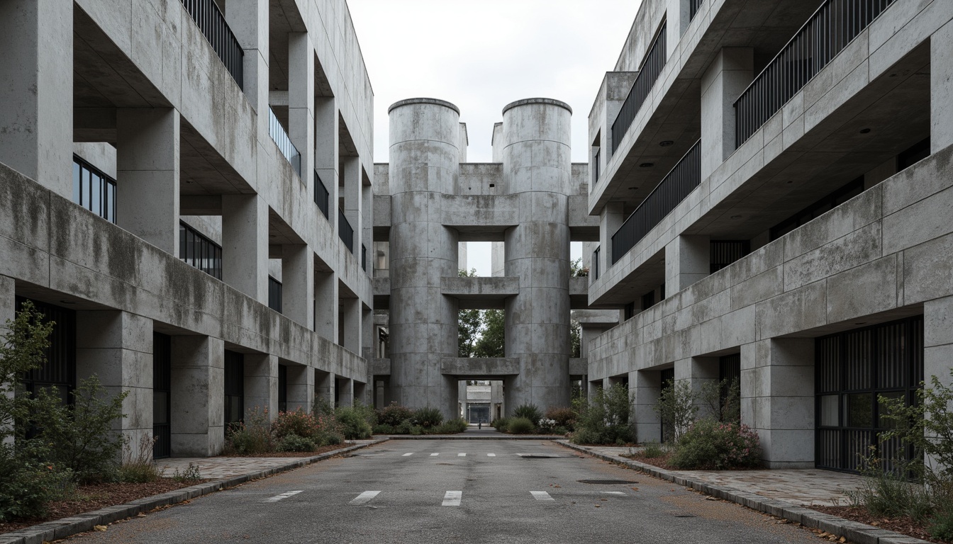 Prompt: Exposed concrete columns, rugged stone walls, brutalist architecture, fortress-like structures, angular lines, geometric shapes, raw unfinished surfaces, industrial materials, metal beams, functional minimalism, urban decay, overcast skies, dramatic shadows, high-contrast lighting, 1/1 composition, realistic textures, ambient occlusion.