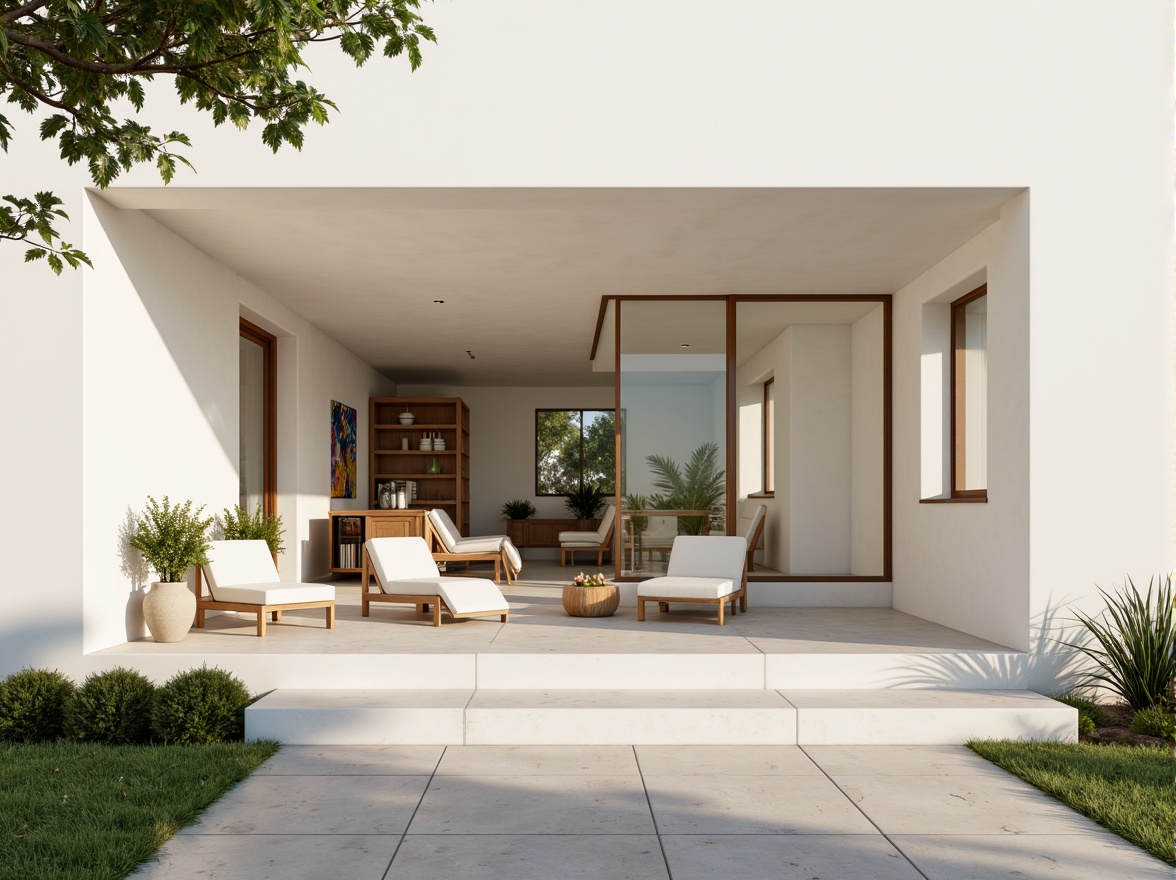 Prompt: Simple modern residence, white minimalistic facade, clean lines, large windows, sliding glass doors, open floor plan, sparse furniture, natural materials, reclaimed wood accents, industrial chic lighting, creamy color palette, subtle textures, morning soft light, shallow depth of field, 1/1 composition, realistic renderings, ambient occlusion.