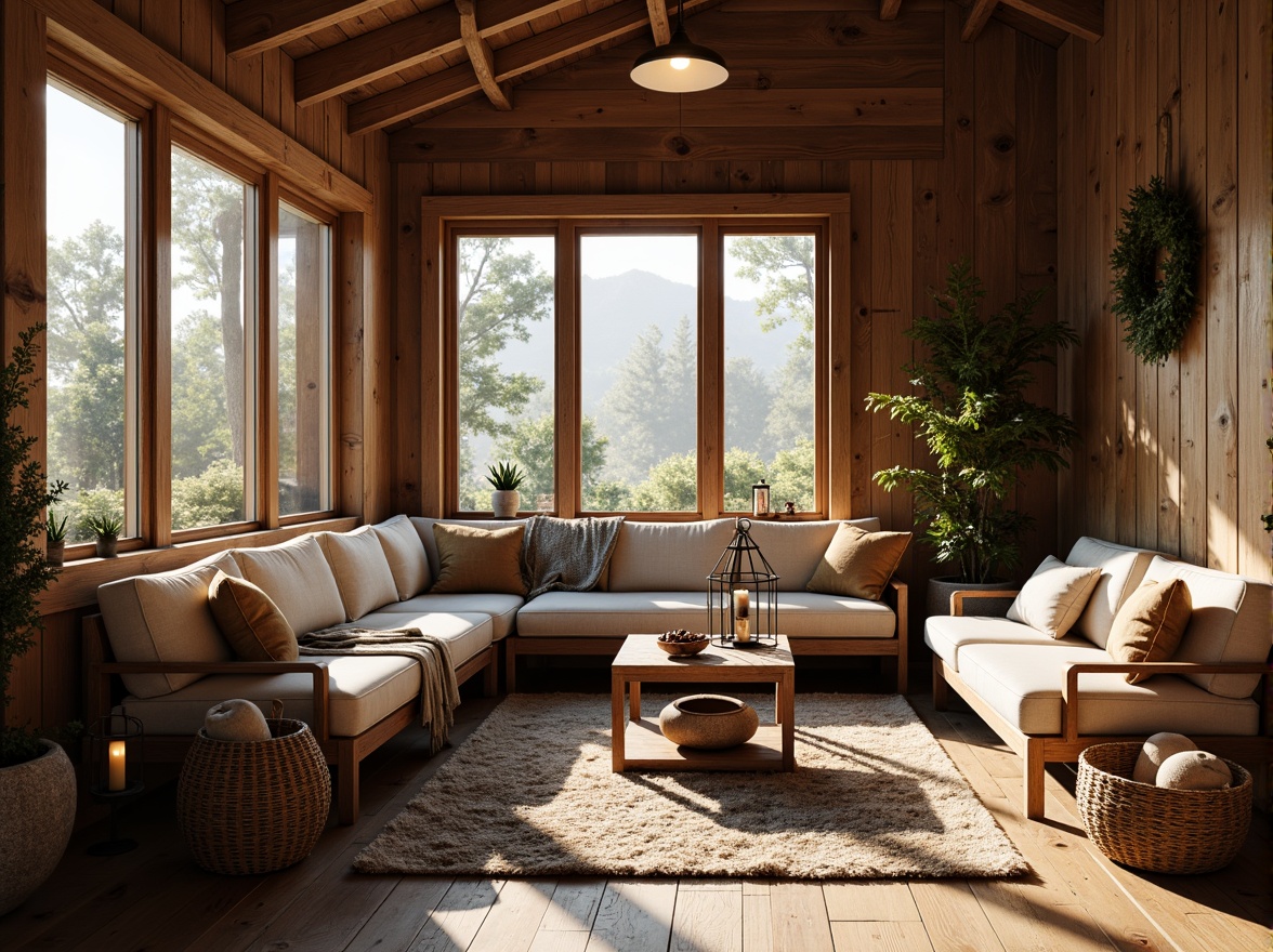 Prompt: Cozy sunroom, wooden accents, rustic charm, natural textures, earthy tones, reclaimed wood walls, wooden beams, pinecone decorations, woven baskets, plush throw blankets, vintage metal lanterns, warm candlelight, soft morning sunlight, shallow depth of field, 1/1 composition, realistic wood grains, ambient occlusion.