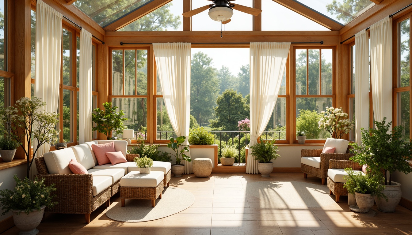 Prompt: Vibrant sunroom, natural light pouring in, warm beige walls, rich wood accents, lush greenery, blooming flowers, comfortable wicker furniture, soft pastel cushions, creamy white curtains, glass roof, modern minimalist decor, airy atmosphere, sunny day, soft warm lighting, shallow depth of field, 1/1 composition, realistic textures, ambient occlusion.