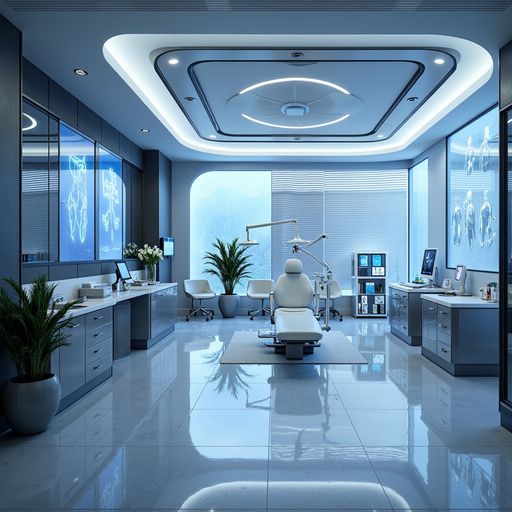 Prompt: Futuristic dental clinic, sleek minimalist interior, metallic accents, glass partitions, LED lighting, ergonomic chairs, futuristic dentist equipment, holographic displays, virtual reality experiences, calming ambiance, soft blue hues, high-tech gadgets, robotic assistants, sterilization units, sanitary surfaces, angular lines, geometric patterns, space-age materials, ambient occlusion, 3/4 composition, shallow depth of field, panoramic view.