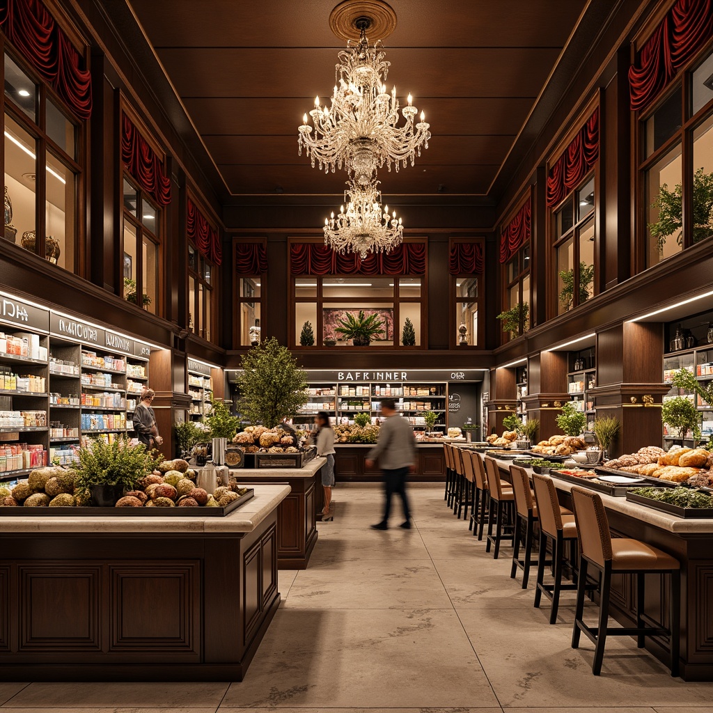 Prompt: Elegant grocery store interior, rich wood tones, ornate mirrors, crystal chandeliers, marble countertops, antique bronze fixtures, luxurious velvet drapes, intricately carved wooden shelves, vintage-inspired metal lanterns, distressed leather armchairs, decorative ceramic vases, subtle gold accents, soft warm lighting, 1/2 composition, shallow depth of field, realistic textures, ambient occlusion.