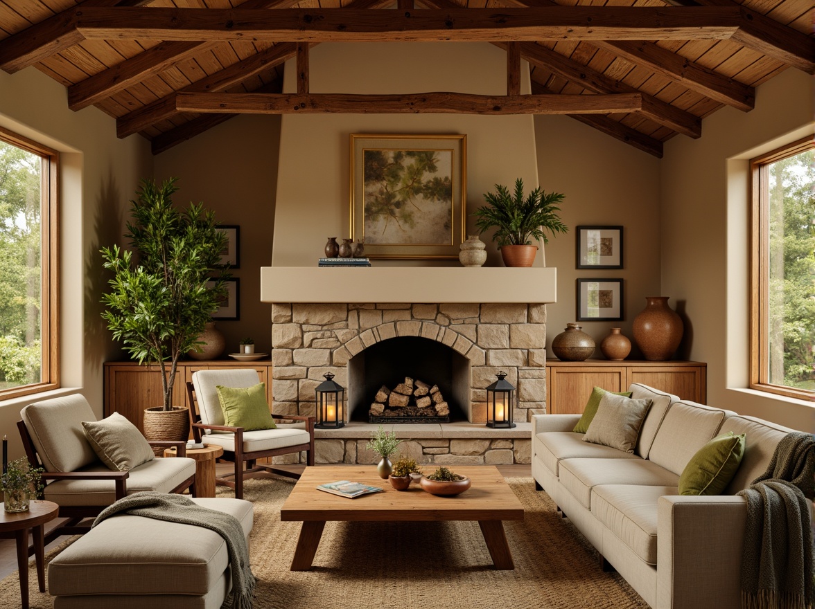 Prompt: Earthy Craftsman-style interior, warm beige walls, rich wood tones, natural stone fireplaces, cozy built-in cabinetry, comfortable plush furnishings, soft sage green accents, earthy terracotta pottery, vintage metal lanterns, rustic wooden beams, warm golden lighting, 1/2 composition, shallow depth of field, realistic textures, ambient occlusion.