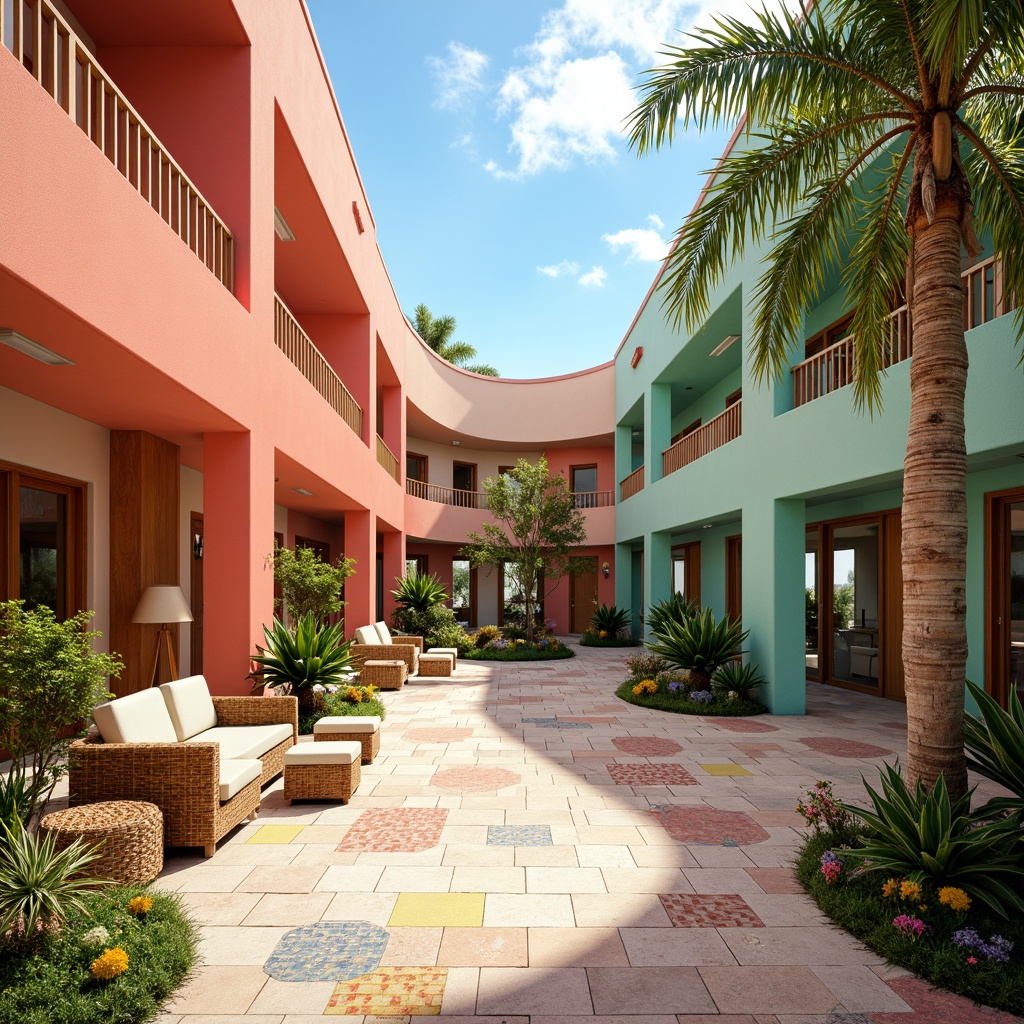 Prompt: Vibrant tropical administrative building, curved lines, pastel colors, bright coral walls, turquoise accents, lush greenery, palm trees, exotic flowers, natural wood textures, woven rattan furniture, colorful tile mosaics, warm sunny day, soft diffused lighting, 1/1 composition, realistic renderings, ambient occlusion, airy open spaces, modern minimalist design.