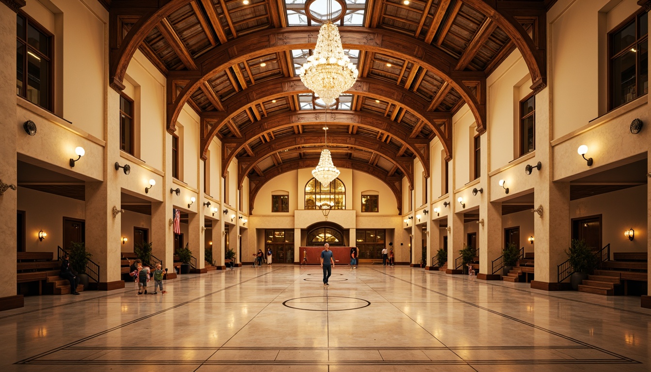 Prompt: Grand neoclassical gymnasium, high ceilings, ornate moldings, crystal chandeliers, sconce lighting, warm golden tones, natural stone walls, marble floors, athletic equipment, basketball courts, running tracks, wooden bleachers, elegant archways, classical columns, softbox lights, suspended ceiling lights, ambient illumination, warm color temperatures, 1/2 composition, symmetrical framing, realistic textures, subtle shading.