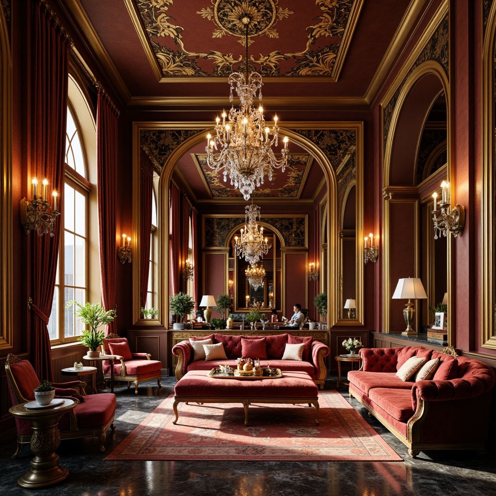 Prompt: Ornate apartment interior, rich velvet fabrics, gilded wooden frames, intricately carved furniture, curved lines, luxurious upholstery, tufted ottomans, crystal chandeliers, grandiose mirrors, marble flooring, ornamental metalwork, lavish drapery, dramatic lighting, warm golden tones, opulent textiles, regal atmosphere, 1/1 composition, soft focus effect, realistic reflections.