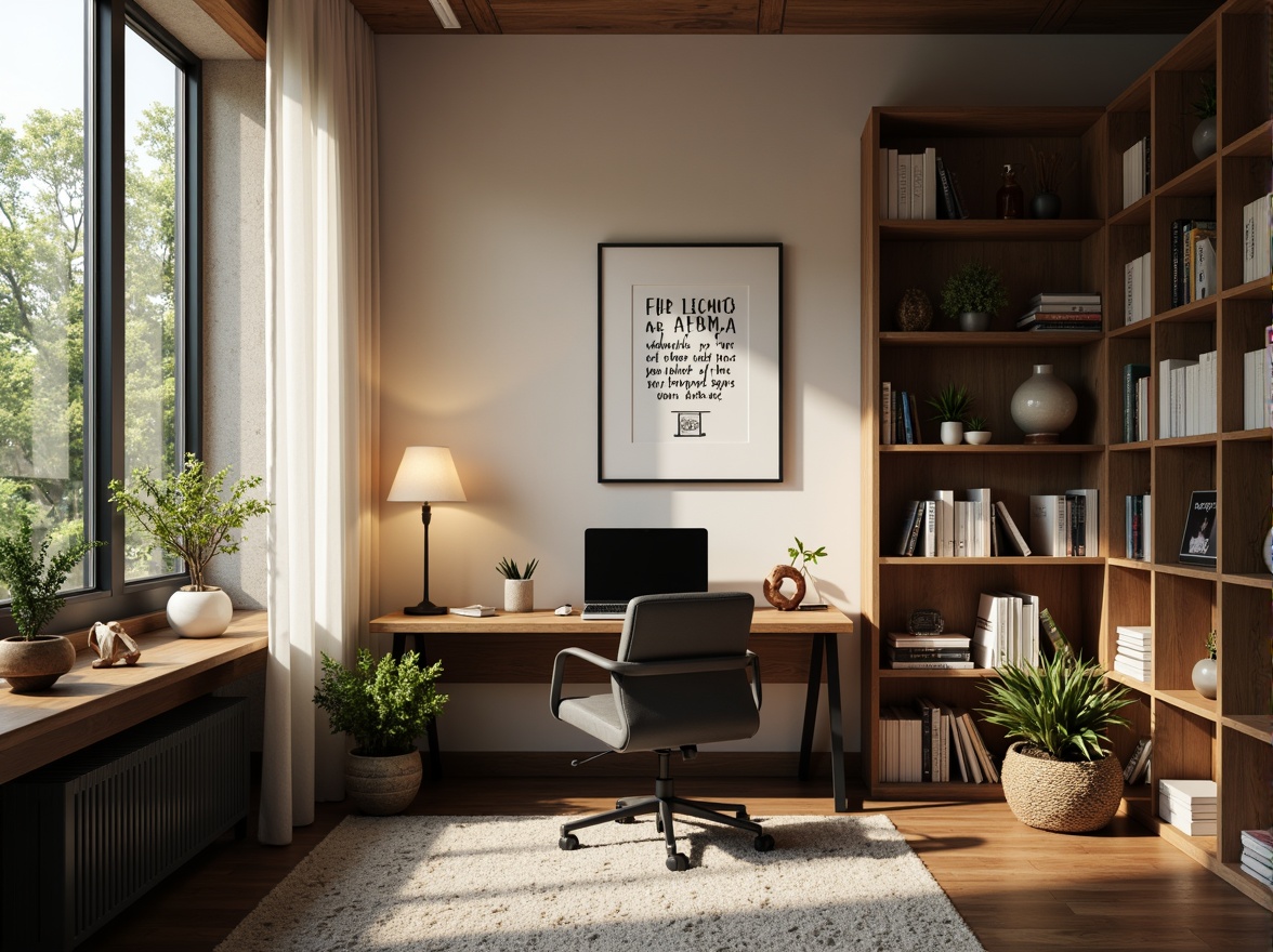 Prompt: Cozy home office, modern desk lamp, warm softbox lighting, ergonomic chair, wooden shelves, book collections, inspirational quotes, minimalist decor, calm atmosphere, natural daylight, large windows, sheer curtains, greenery views, subtle shadows, 1/1 composition, realistic textures, ambient occlusion.