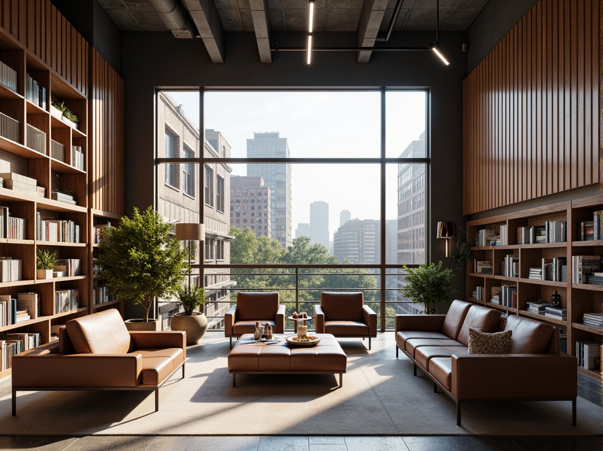 Prompt: Minimalist bookstore interior, industrial-chic aesthetic, functional shelving systems, geometric book displays, rectangular tables, leather armchairs, metal floor lamps, wooden accents, neutral color palette, abundant natural light, large windows, urban cityscape views, morning sunlight, soft warm lighting, shallow depth of field, 1/1 composition, symmetrical framing, realistic textures, ambient occlusion.