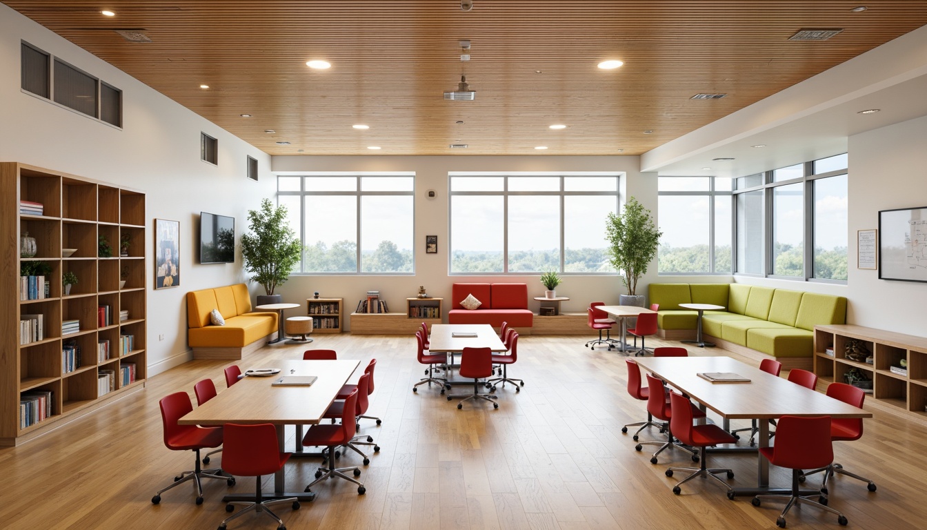 Prompt: Vibrant school interior, sturdy tables, ergonomic chairs, colorful storage bins, interactive whiteboards, collaborative workstations, comfortable reading nooks, acoustic sound panels, natural wood accents, durable flooring, minimalist decor, abundant natural light, soft warm lighting, shallow depth of field, 3/4 composition, realistic textures, ambient occlusion.