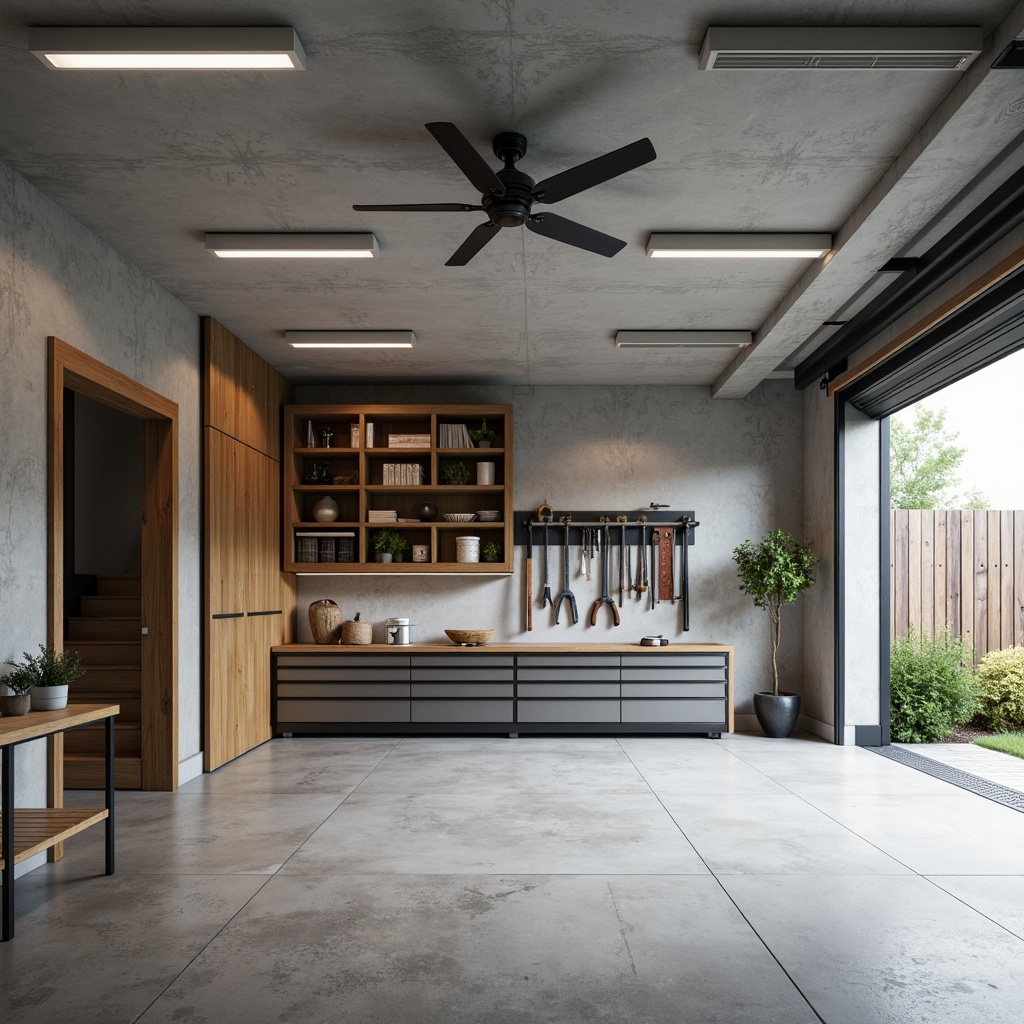 Prompt: Minimalist family garage, neutral color palette, sleek metal storage units, wooden accents, organized tool arrangements, floor-to-ceiling shelving, industrial-style lighting, polished concrete floors, modern sliding doors, ample natural light, soft shadows, 1/1 composition, shallow depth of field, realistic textures, ambient occlusion.