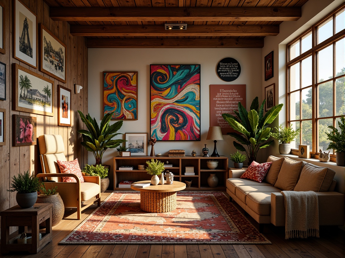 Prompt: Vibrant art studio, eclectic furniture, rich wood accents, bold brushstrokes, abstract paintings, colorful canvases, artistic sculptures, inspiring quotes, natural textiles, woven baskets, earthy tones, warm golden lighting, soft shadows, 3/4 composition, intimate atmosphere, realistic textures, ambient occlusion.