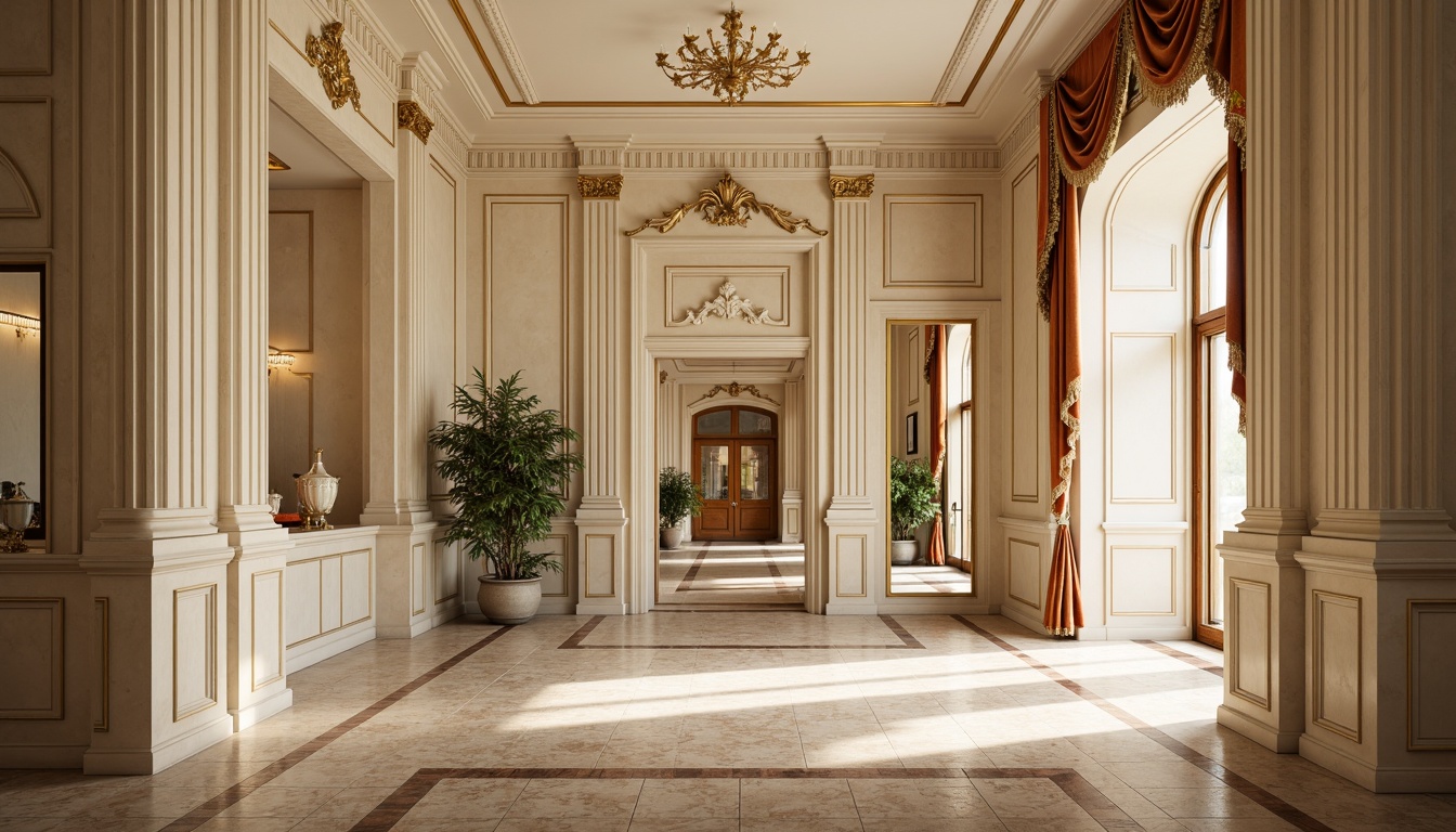 Prompt: Elegant wainscoting, ornate moldings, rich wood paneling, subtle gilding, cream-colored walls, soft warm lighting, shallow depth of field, 3/4 composition, panoramic view, realistic textures, ambient occlusion, refined pilasters, carved capitals, intricate ceiling designs, luxurious fabrics, velvet drapes, tassel trim, classicist motifs, ornate mirrors, polished marble floors, sophisticated color palette, harmonious proportions.