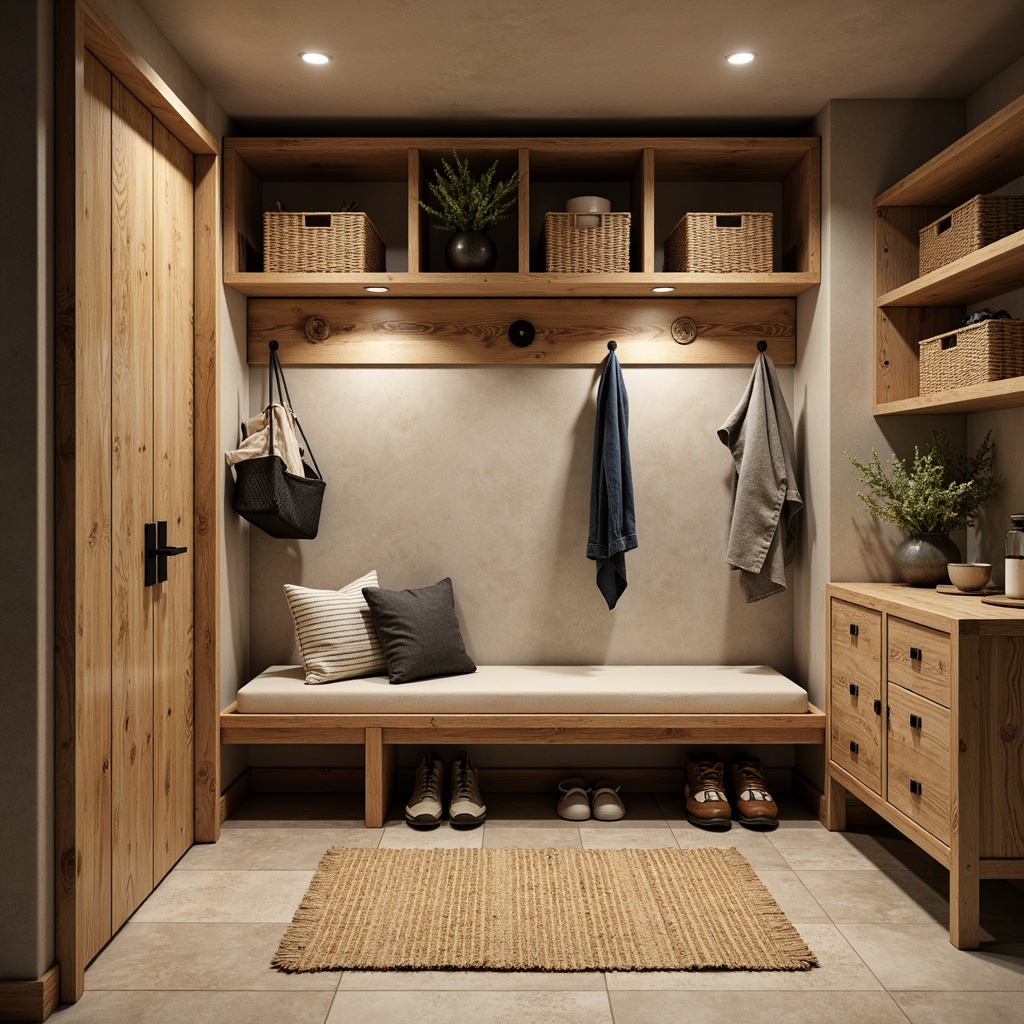 Prompt: Cozy mudroom, rustic wooden bench, woven baskets, natural jute rugs, earthy tone walls, modern storage solutions, sleek metal shelves, minimalist cabinets, industrial-style lighting, reclaimed wood accents, woven textiles, warm beige colors, soft ambient lighting, shallow depth of field, 1/1 composition, realistic textures, ambient occlusion.