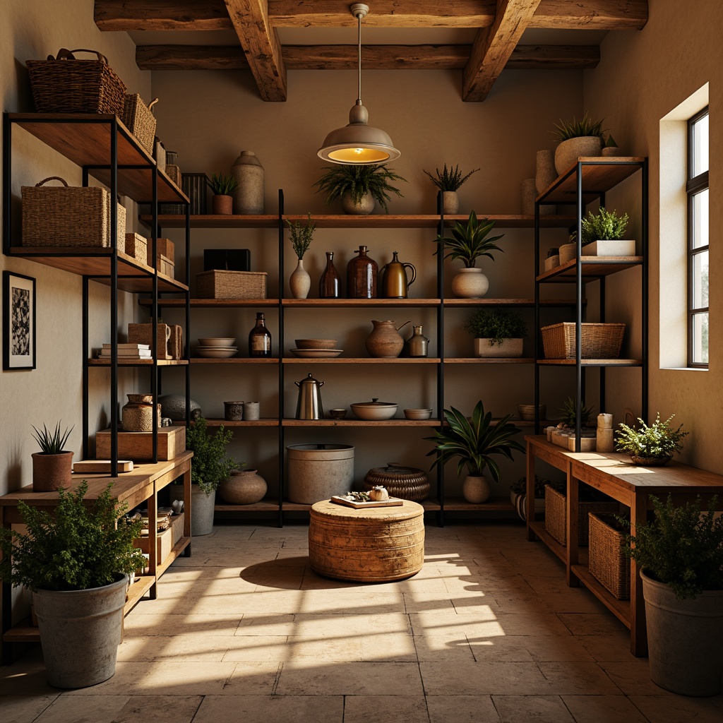 Prompt: Cozy storage room, warm earthy tones, soft beige walls, dark wood shelving, industrial metal racks, vintage rustic decor, natural stone flooring, dimmable lighting, atmospheric shadows, 1/1 composition, realistic textures, ambient occlusion.