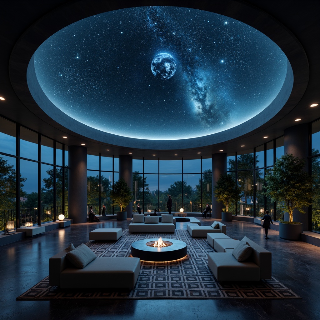 Prompt: Cosmic planetarium, minimalistic interior design, dark starry night sky, subtle ambient lighting, sleek metallic accents, futuristic astronomy equipment, circular domed ceiling, glass flooring, sparse furniture arrangement, open floor plan, geometric patterned rugs, astronomical visualizations, 3D projection mapping, soft ethereal glow, shallow depth of field, panoramic view, realistic textures, ambient occlusion.