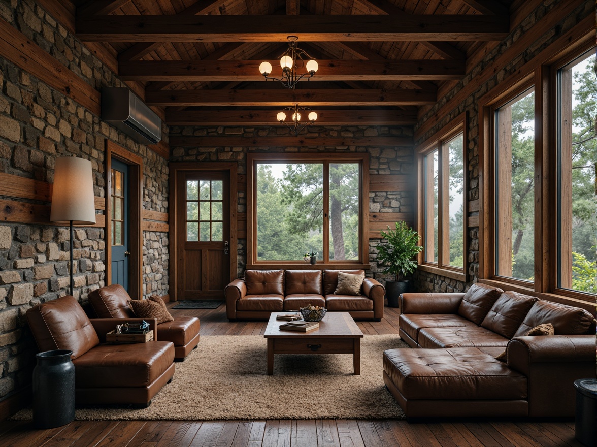 Prompt: Rustic wooden cabin, distressed textures, earthy tones, natural stone walls, vintage metal accents, worn leather furniture, soft warm lighting, cozy atmosphere, forest surroundings, misty morning, shallow depth of field, 1/1 composition, realistic rendering, ambient occlusion.