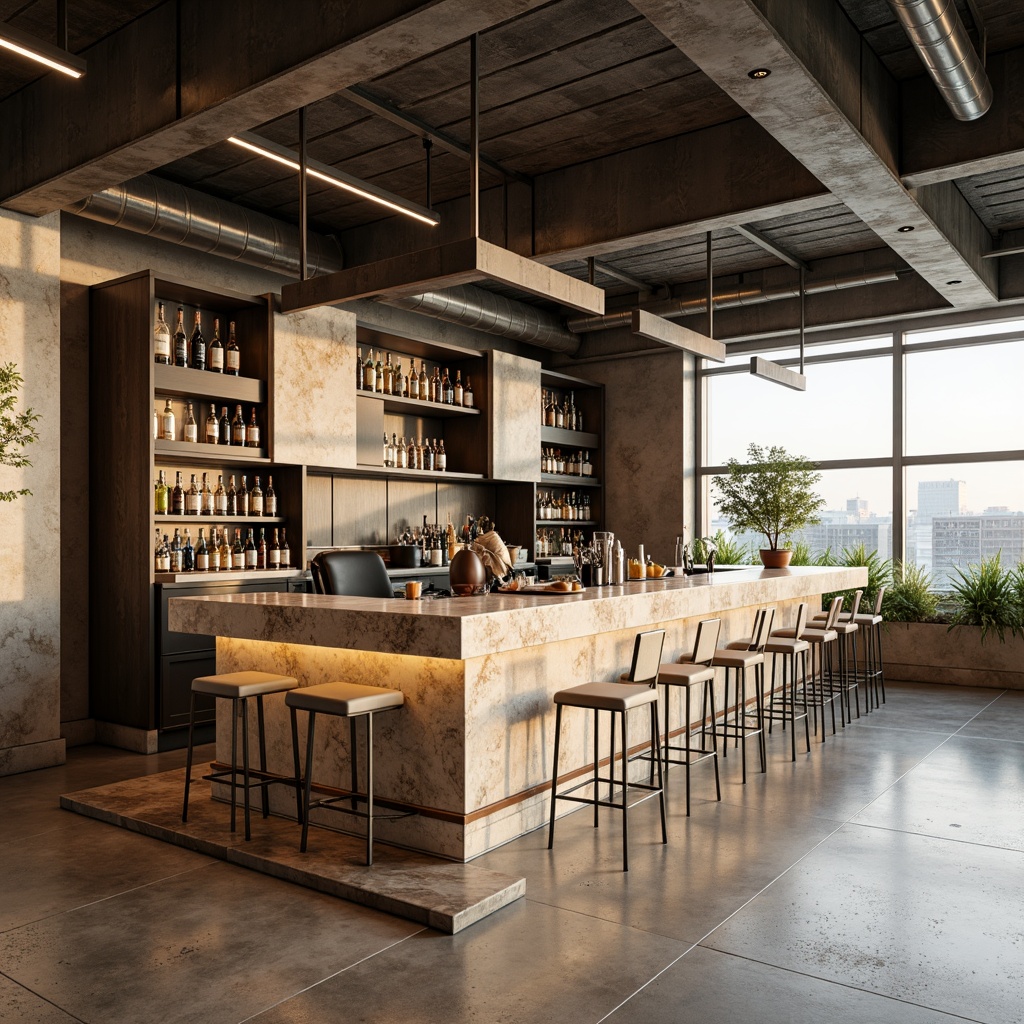 Prompt: Elegant bar counter, terrazzo material, subtle marble patterns, warm beige tones, sleek metal footrest, minimalist stools, modern industrial lighting, exposed ductwork, polished concrete floors, urban loft atmosphere, afternoon softbox lighting, 1/2 composition, realistic reflections, ambient occlusion.