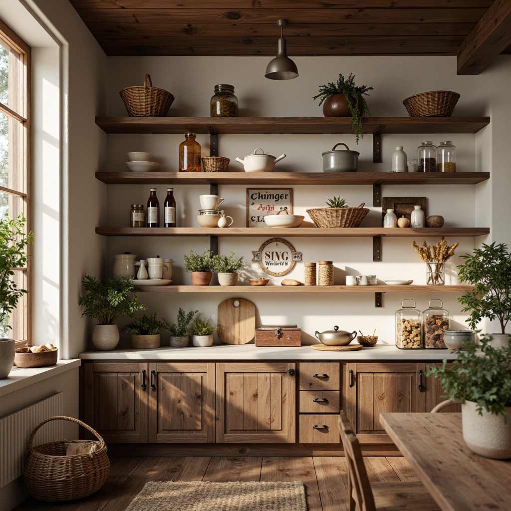 Prompt: Warm rustic pantry, earthy tone color palette, natural wood accents, creamy whites, soft grays, warm beige, rich walnut, distressed finishes, vintage metal signs, woven baskets, ceramic jars, aromatic spices, fresh herbs, morning sunlight, soft focus, shallow depth of field, 1/2 composition, cozy atmosphere.