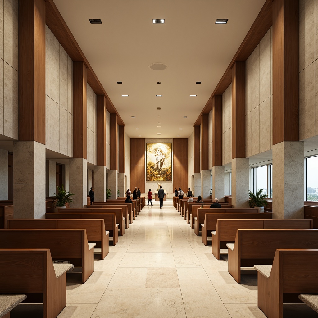 Prompt: Modern church interior, sleek wooden pews, polished marble floors, subtle ambient lighting, high ceilings, stained glass windows, minimalist altarpiece, contemporary Christian artwork, neutral color palette, warm beige tones, soft cream accents, intricate inlays, natural stone patterns, luxurious carpeting, plush upholstery, acoustic sound absorption, 1/1 composition, shallow depth of field, softbox lighting, realistic textures.