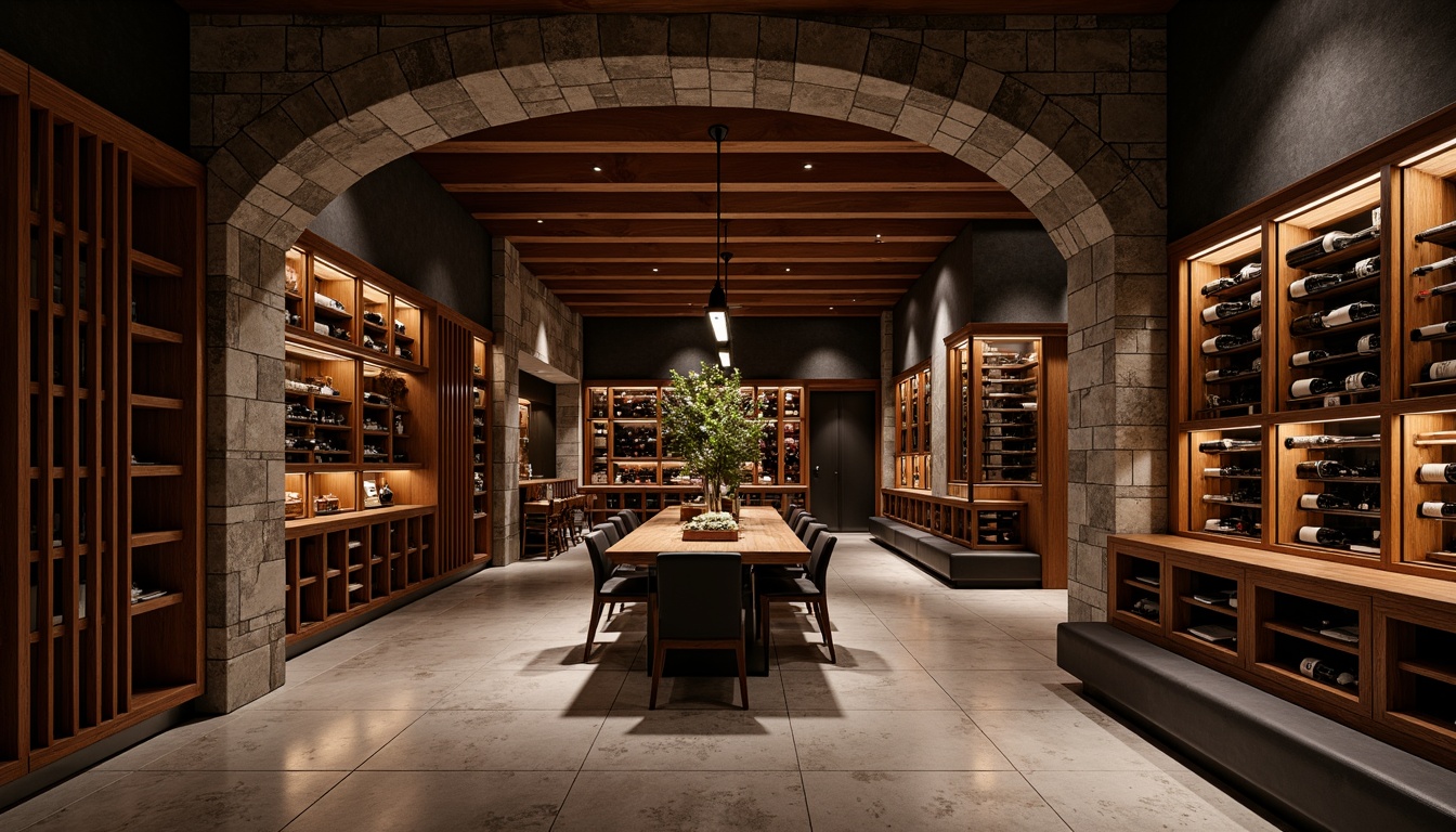 Prompt: Luxurious wine cellar, rich wood tones, dark stone walls, dim warm lighting, elegant wooden wine racks, glass-enclosed wine storage, ambient temperature control, humidity regulation system, natural stone flooring, dark hardwood floors, polished concrete surfaces, metallic accents, sophisticated modern design, refined industrial chic, dramatic archways, soft focused lighting, shallow depth of field, 2/3 composition, realistic textures.