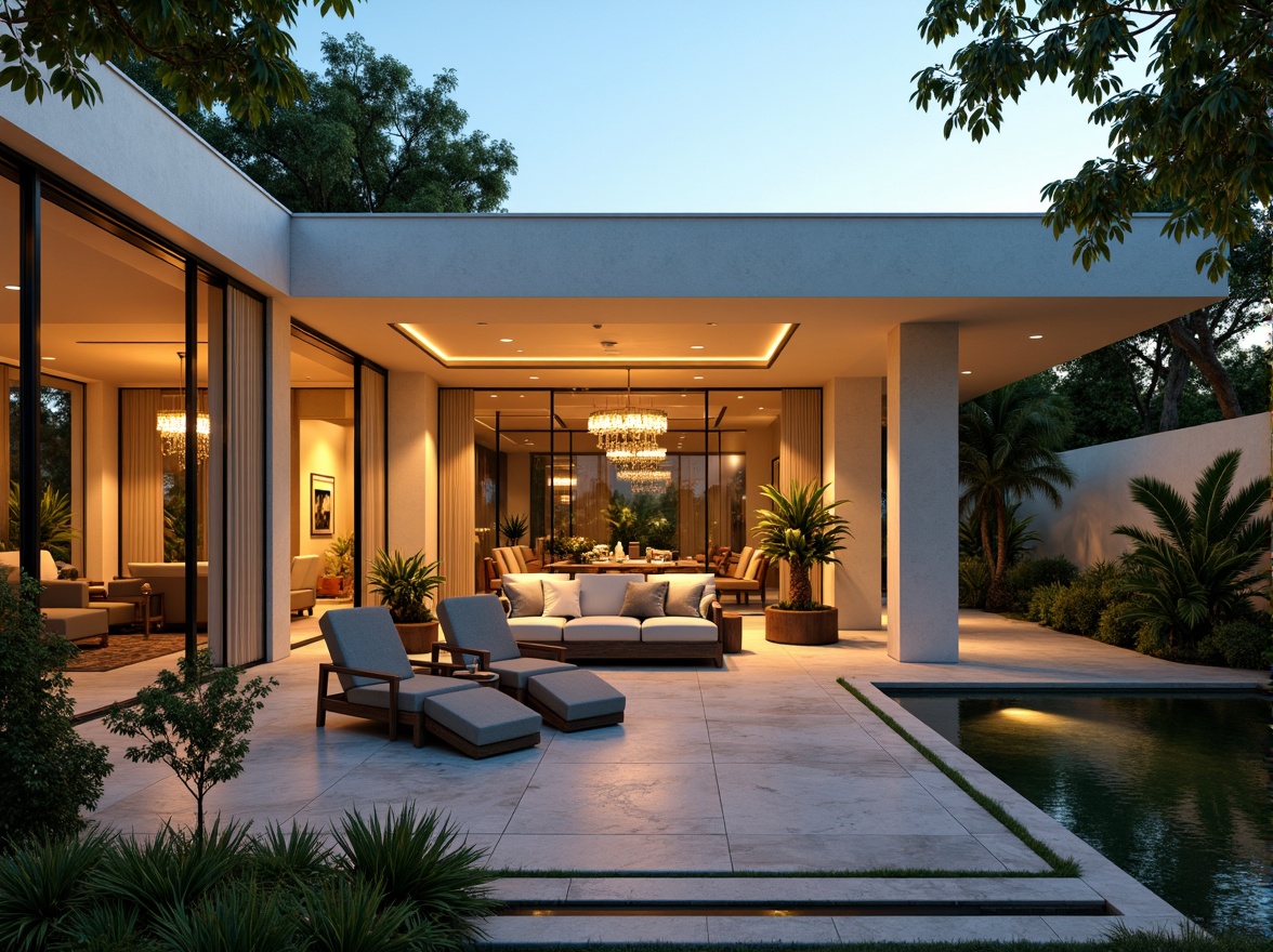 Prompt: Luxurious modern villa, sleek lines, minimalist facade, large windows, sliding glass doors, warm ambient lighting, soft LED illumination, floor-to-ceiling curtains, stylish chandeliers, recessed ceiling lights, warm beige walls, polished marble floors, lush greenery, tropical plants, private courtyard, serene water features, misting systems, warm sunny day, shallow depth of field, 3/4 composition, realistic textures, ambient occlusion.