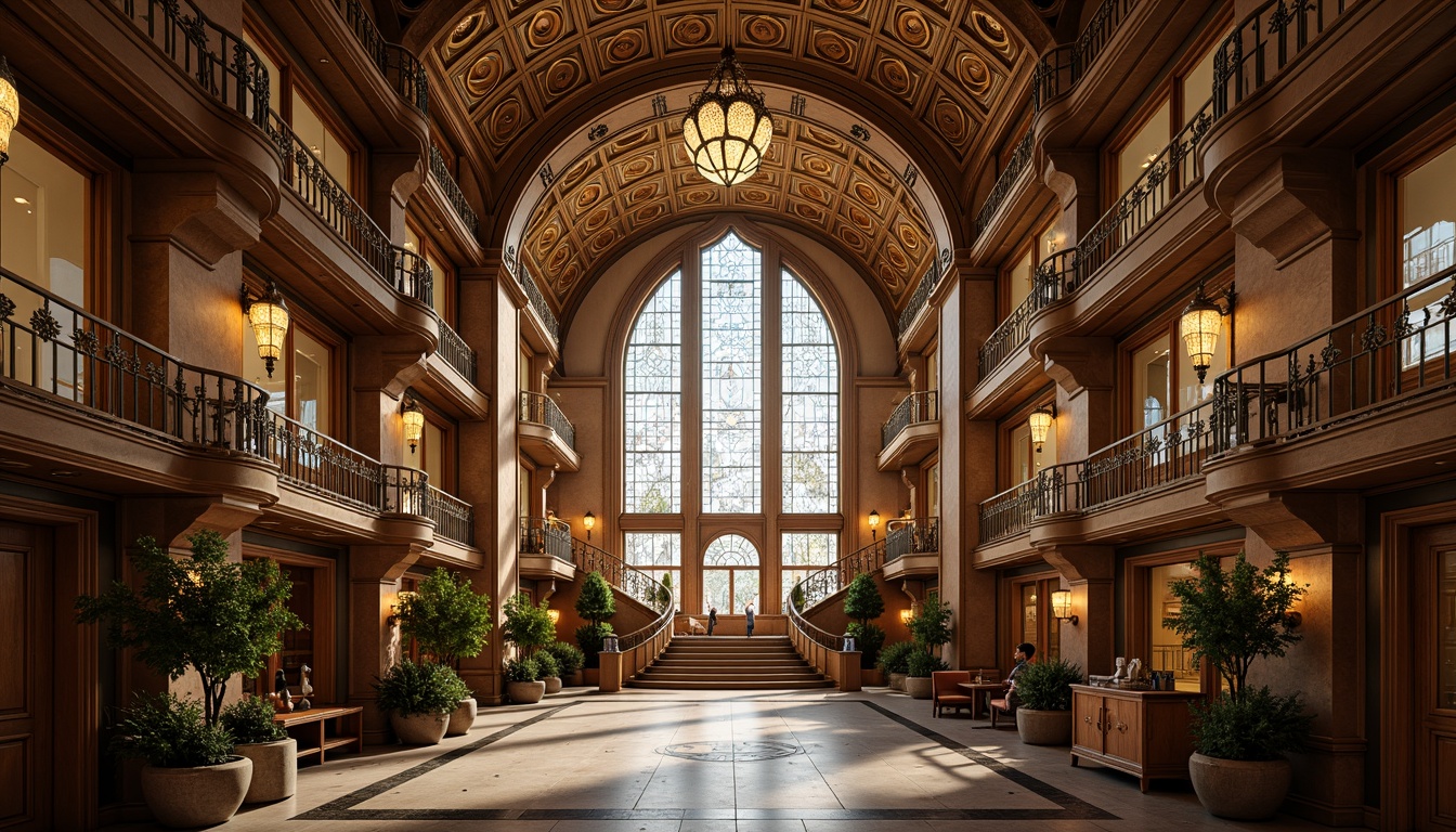 Prompt: Intricate ornaments, flowing curves, botanical motifs, ornate metalwork, grand entranceways, sweeping staircases, sinuous balconies, delicate filigree, luminous stained glass, majestic chandeliers, soft warm lighting, shallow depth of field, 3/4 composition, panoramic view, realistic textures, ambient occlusion.