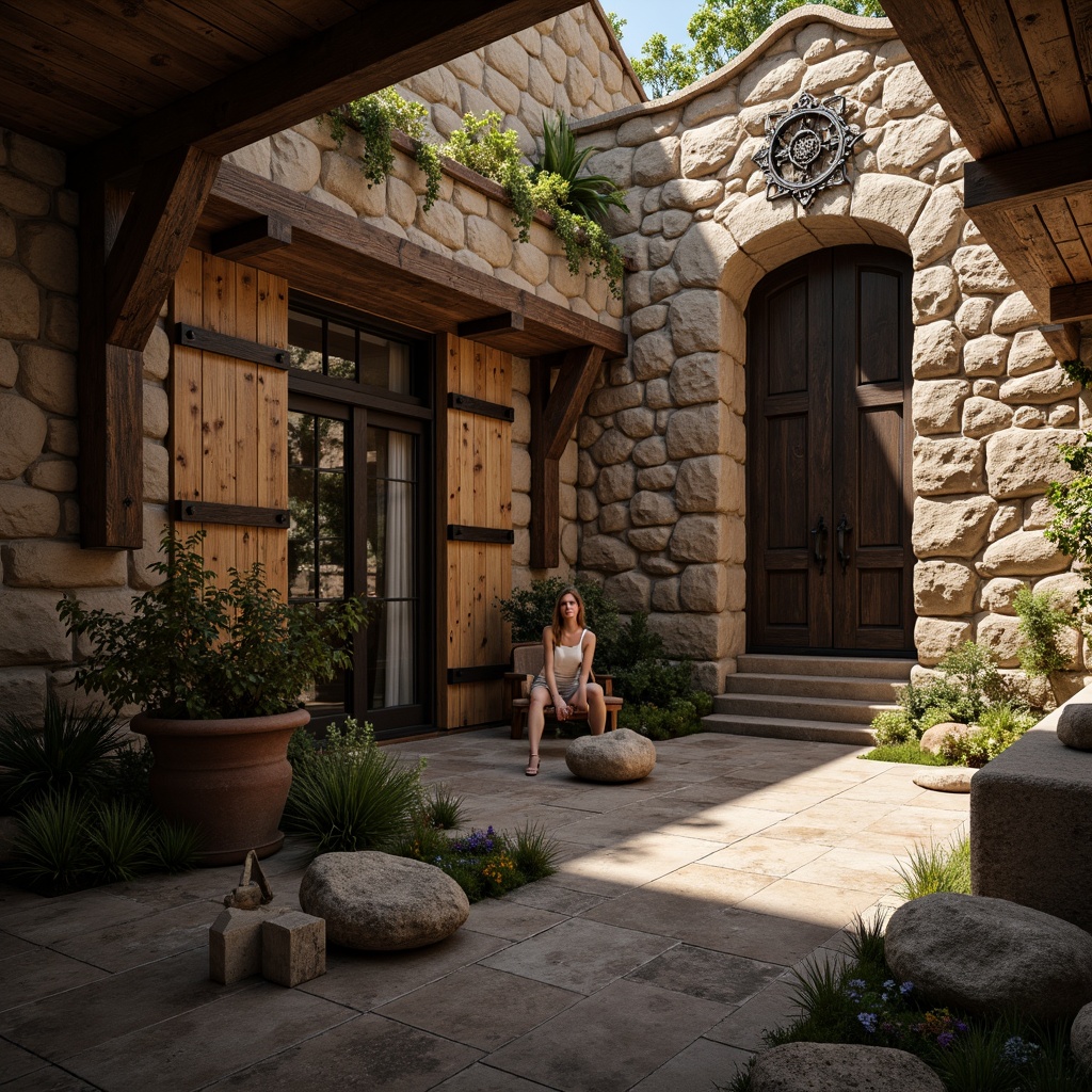 Prompt: Rustic stone walls, earthy tones, rough-hewn textures, worn wooden accents, distressed finishes, vintage metal decorations, ornate carvings, intricate stonework, natural rock formations, dramatic shadows, warm ambient lighting, soft focus, shallow depth of field, 2/3 composition, realistic normal maps, detailed displacement maps.