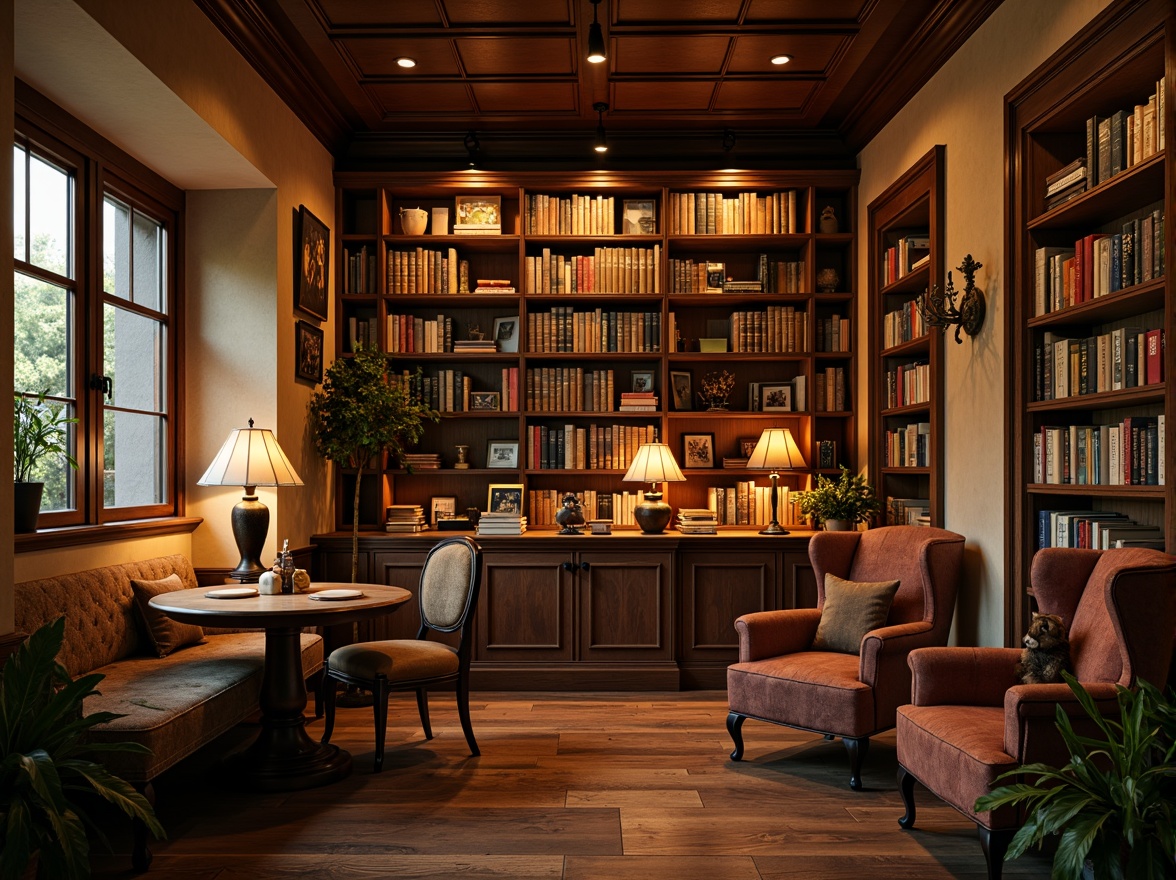 Prompt: Cozy bookstore, traditional wooden shelves, vintage lamps, warm soft lighting, comfortable reading nooks, plush armchairs, rich wood tones, classic book collections, ornate metal fixtures, subtle ambient glow, warm beige walls, rustic hardwood floors, nostalgic atmosphere, relaxed warm colors, natural textures, inviting window seats, soft box lighting, 1/2 composition, intimate close-up shots, realistic renderings.