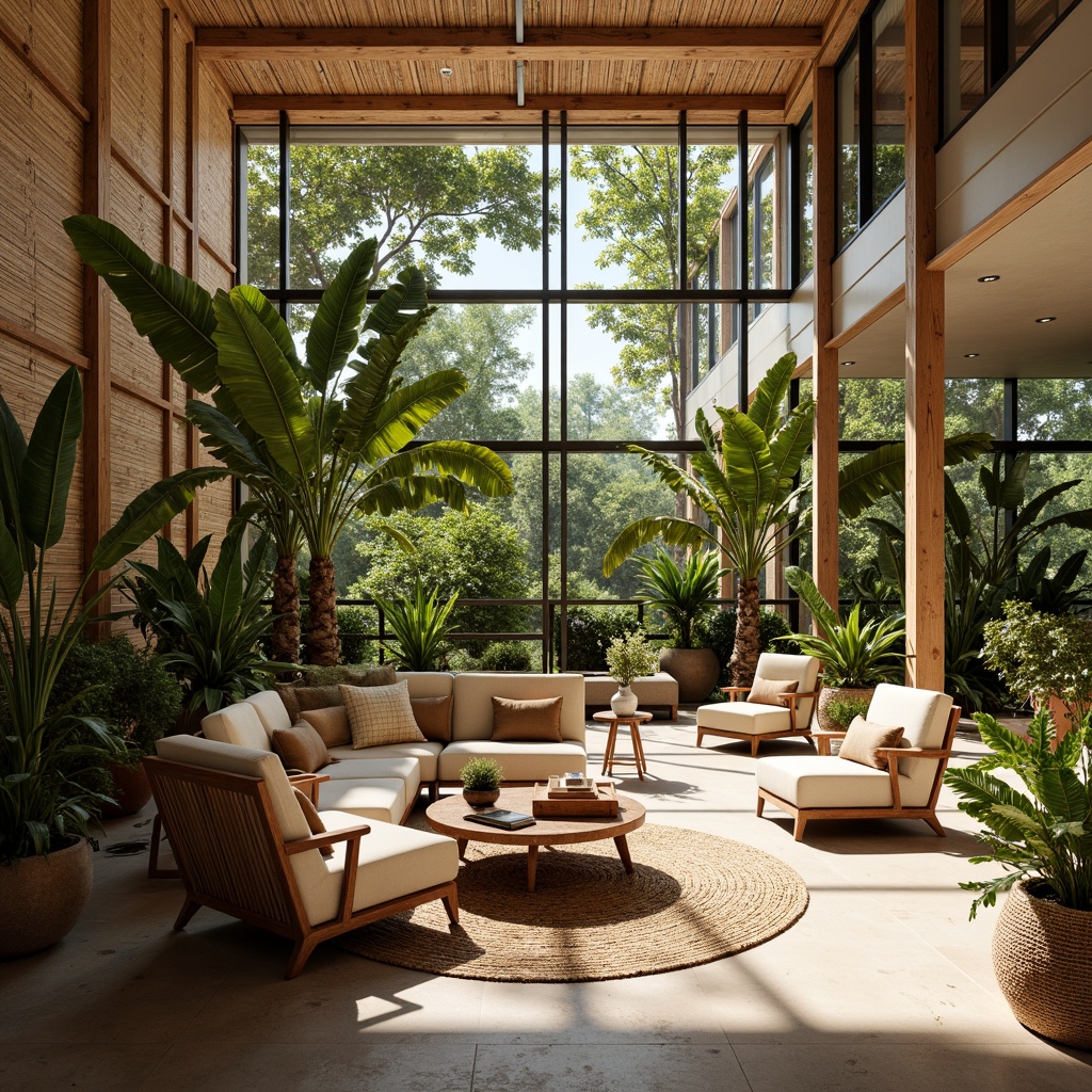 Prompt: Natural ventilation, tropical plants, rattan furniture, woven bamboo walls, wooden accents, jute rugs, earthy color palette, high ceilings, large windows, sliding glass doors, louvered shutters, cross breeze circulation, warm sunny day, soft diffused lighting, 1/1 composition, realistic textures, ambient occlusion.