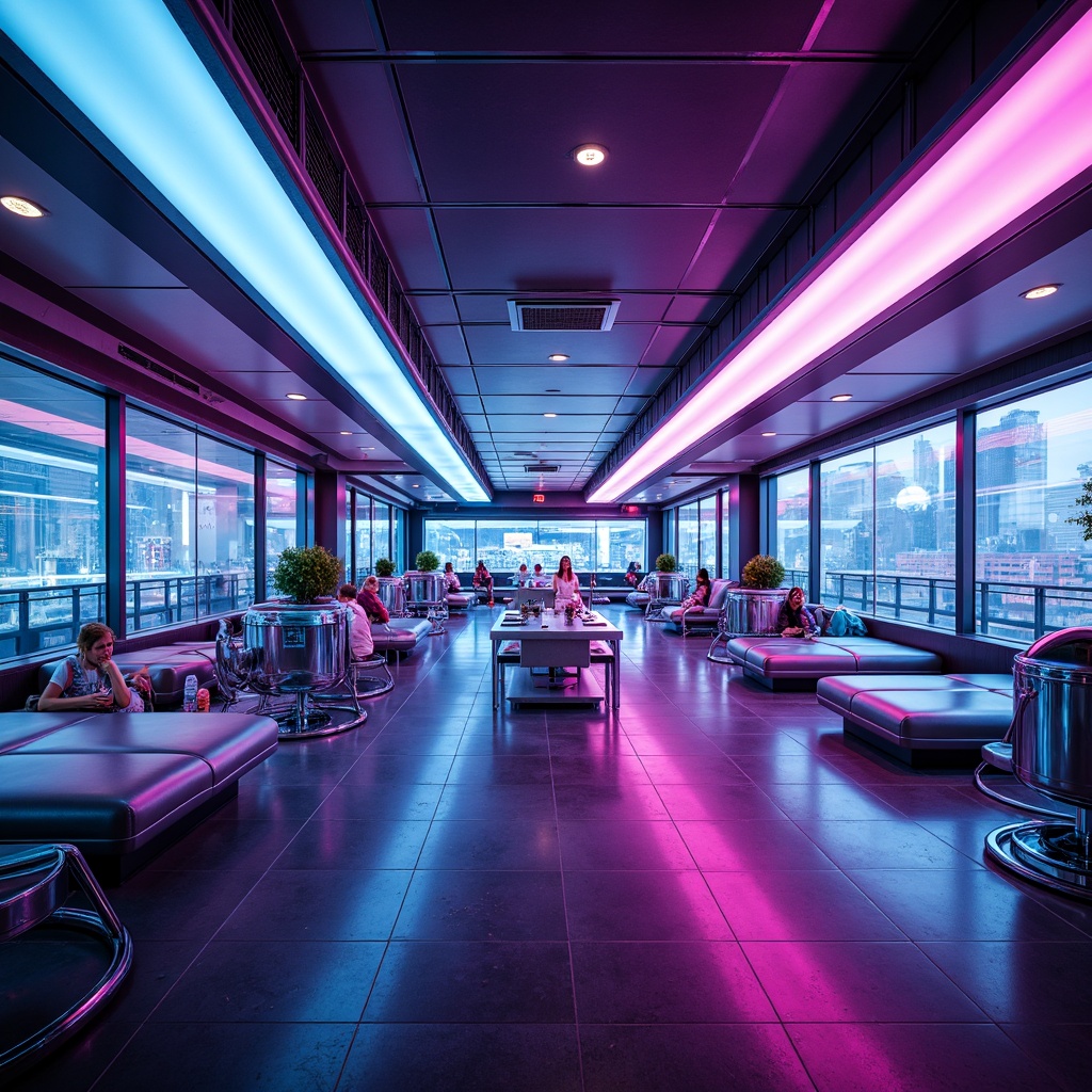 Prompt: Futuristic interior, neon-lit ambiance, metallic accents, holographic displays, sleek lines, minimalist decor, iridescent color scheme, electric blue hues, hot pink accents, chrome-plated fixtures, glass tables, futuristic furniture, ambient glow, softbox lighting, shallow depth of field, 3/4 composition, panoramic view, realistic reflections, ambient occlusion.